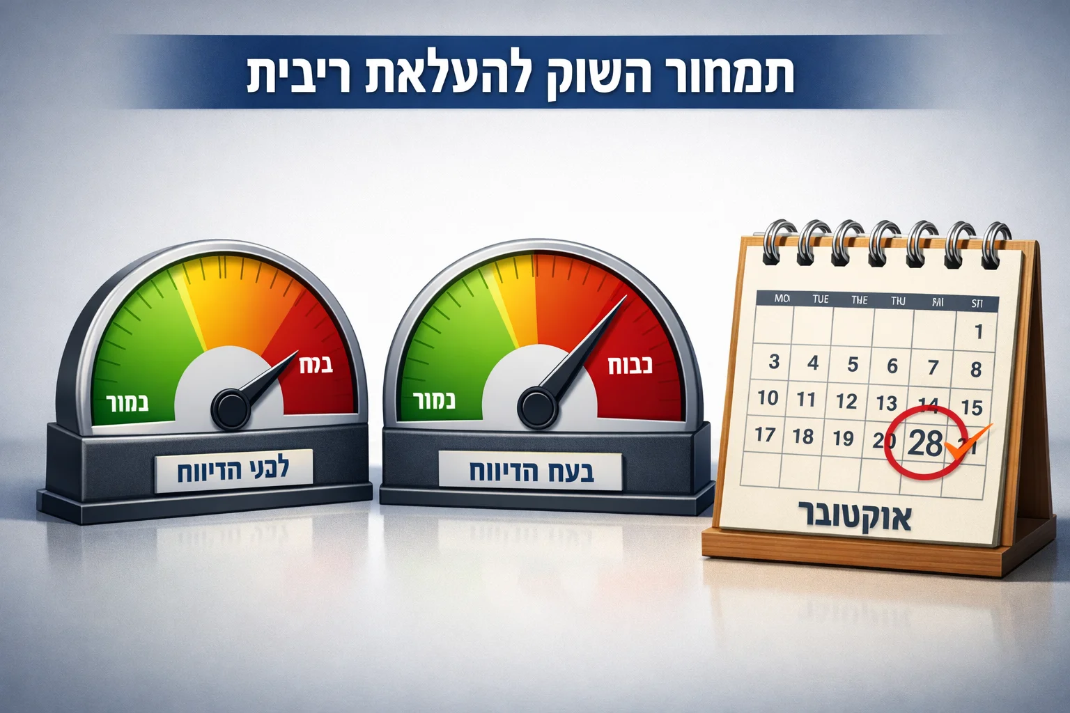 איור להמחשה: איור גרפי לפרק הריבית: שני מדי הסתברות נפרדים, פחות מ־18% שבוע לפני הדיווח וכמעט 34% בעת הדיווח, לצד דף לוח שנה המסומן 28 באוקטובר. כותרת גרפית תבהיר שמדובר בתמחור שוק ולא בהחלטה.