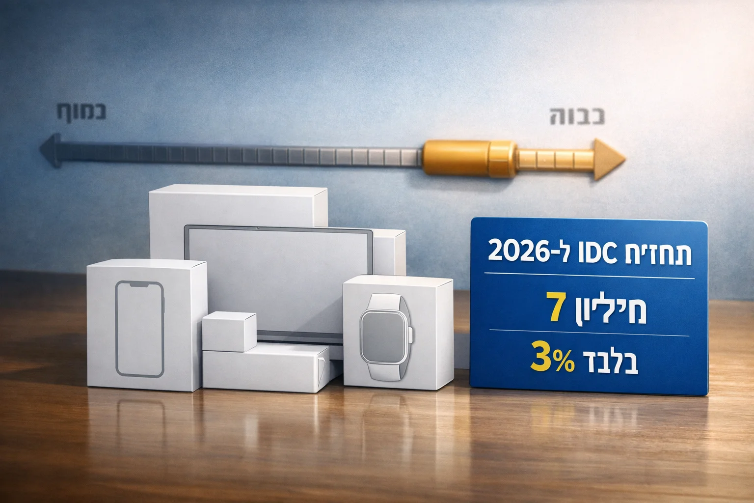 איור להמחשה: איור אינפוגרפי של אריזות גנריות מול סרגל הכנסה, עם הכיתוב הבולט ״תחזית IDC ל־2026״ והנתונים 7 מיליון ו־3%. ללא גרף בעל קנה מידה מומצא.