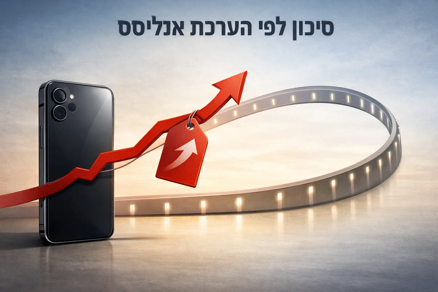 איור להמחשה: איור מושגי של טלפון גנרי, תג מחיר עולה וקשת זמן מתארכת ללא תאריכים או ערכים מספריים; להוסיף כותרת ״סיכון לפי הערכת אנליסט״.