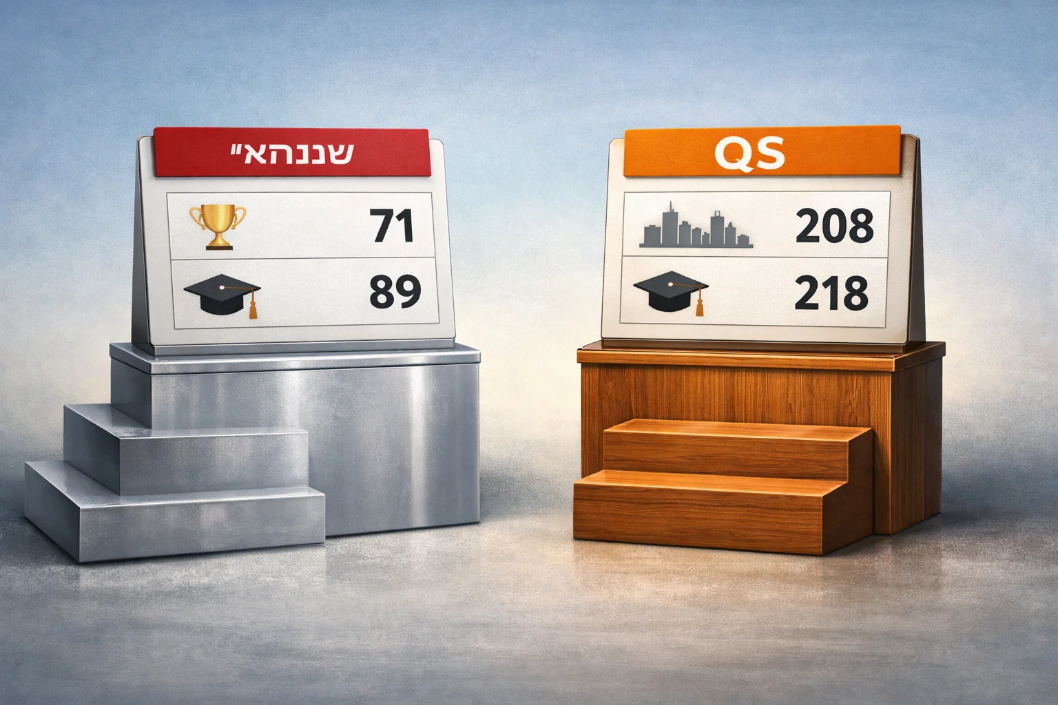איור להמחשה: איור מערכתי גרפי, לא צילום: שתי רשימות דירוג נפרדות. ברשימת שנגחאי מכון ויצמן 71 והעברית 89; ברשימת QS תל אביב 208 והעברית 218. ללא דיוקנאות או לוגואים.