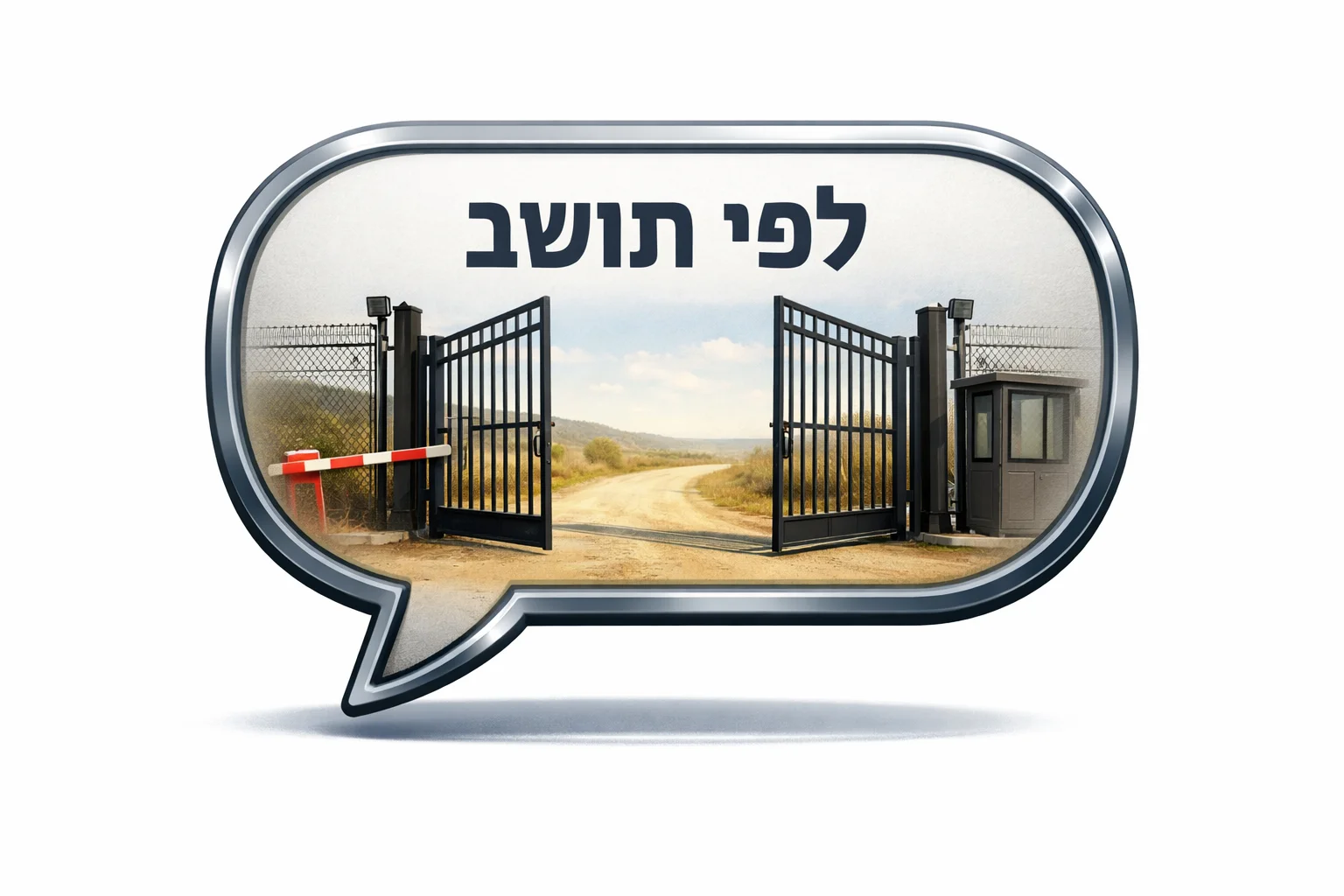 איור להמחשה: איור גרפי של שער פתוח בתוך מסגרת בצורת בועת הודעה, עם הכיתוב ״לפי תושב״. ללא שחזור שער נבטים וללא דמויות.