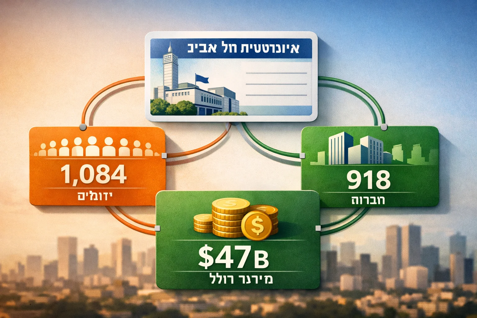 איור להמחשה: איור אינפוגרפי מקורי לסעיף היזמות: כרטיס שכותרתו אוניברסיטת תל אביב, המחובר לסמלי חברות מופשטים ולנתונים 1,084 יזמים, 918 חברות ו־47 מיליארד דולר.