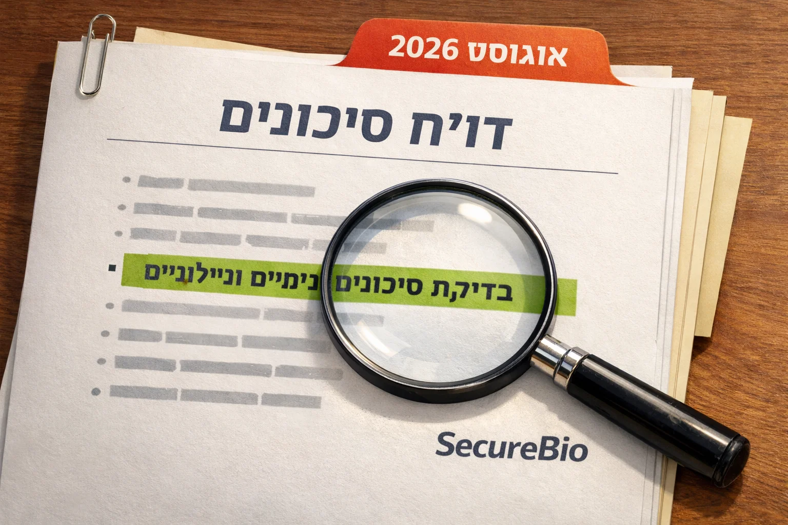 איור להמחשה: איור גרפי של דוח סיכונים עם לשונית אוגוסט 2026 וסעיף מודגש המסומן בדיקת סיכונים כימיים וביולוגיים; לידו זכוכית מגדלת והכיתוב SecureBio בטקסט רגיל, ללא לוגו מומצא וללא פרטים טכניים על נשק.
