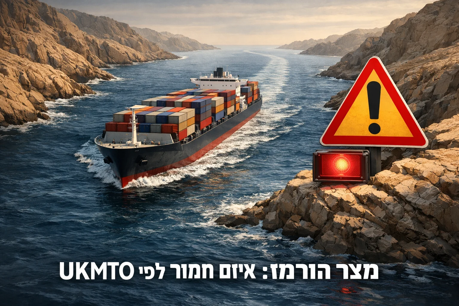 איור להמחשה: איור גרפי לא־תיעודי של נתיב שיט צר ואוניית מכולות סמלית, לצד סימון אזהרה והכיתוב ״מצר הורמוז: איום חמור לפי UKMTO״. ללא שחזור טביעת האונייה וללא ייחוס התוקף.