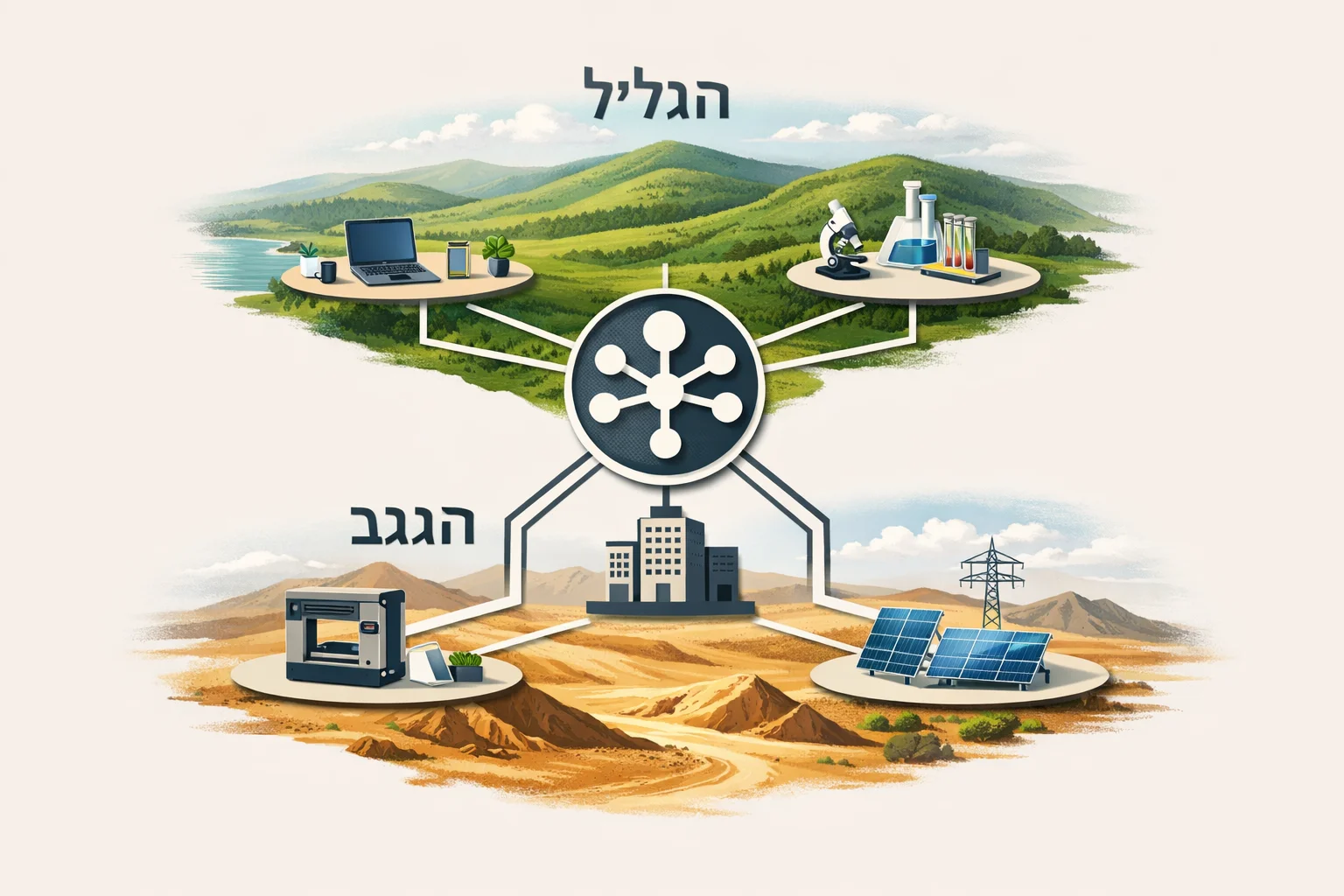 איור להמחשה: איור אינפוגרפי מופשט של הנגב והגליל, עם סמלי עמדות עבודה המחוברים לסמל ארגון. ללא פנים מומצאות, כתובות משרדים או מספרי עובדים.