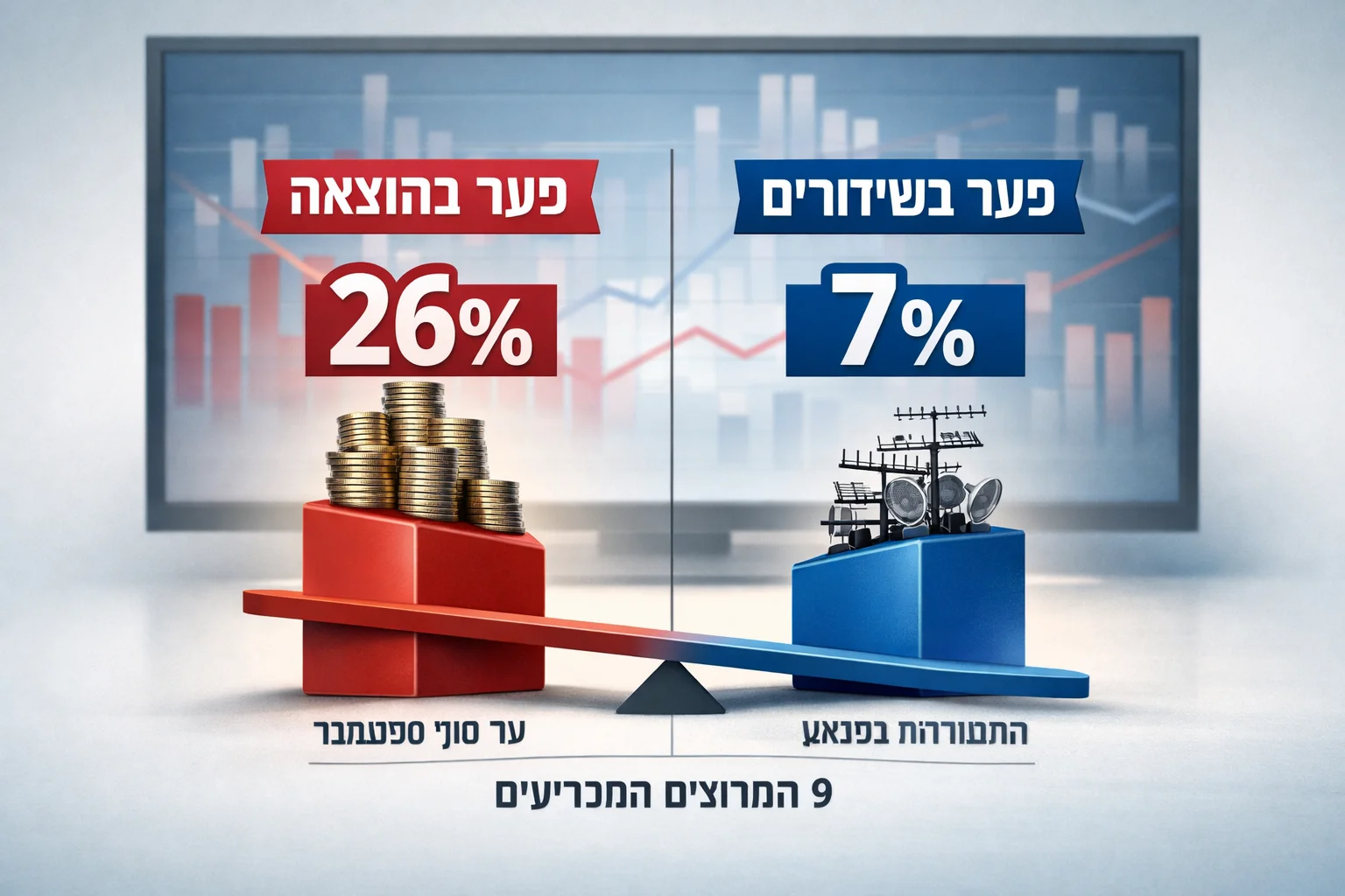 איור להמחשה: איור אינפוגרפי של מסך טלוויזיה מופשט ושני מדדים נפרדים: פער בהוצאה ופער במספר השידורים. ללא פנים, תשדירים מומצאים או סמלי תחנות.