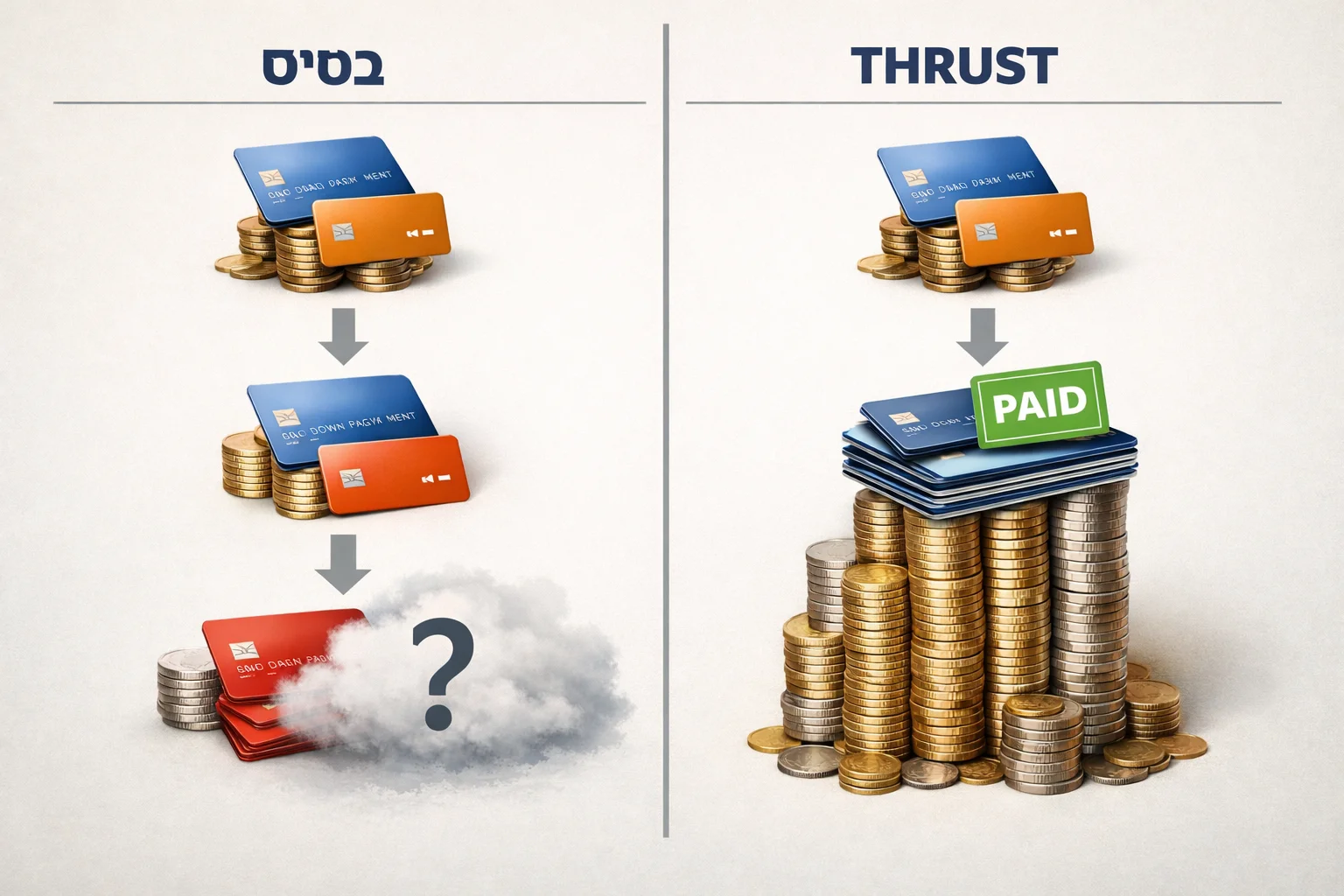 איור להמחשה: אינפוגרפיקה מאוירת בשני טורים: בסיס מול THRUST, עם כרטיסי תשלום ולא שטרות או מסמכי הזמנה מדומים. להבליט שבבסיס המחיר הסופי אינו ידוע.