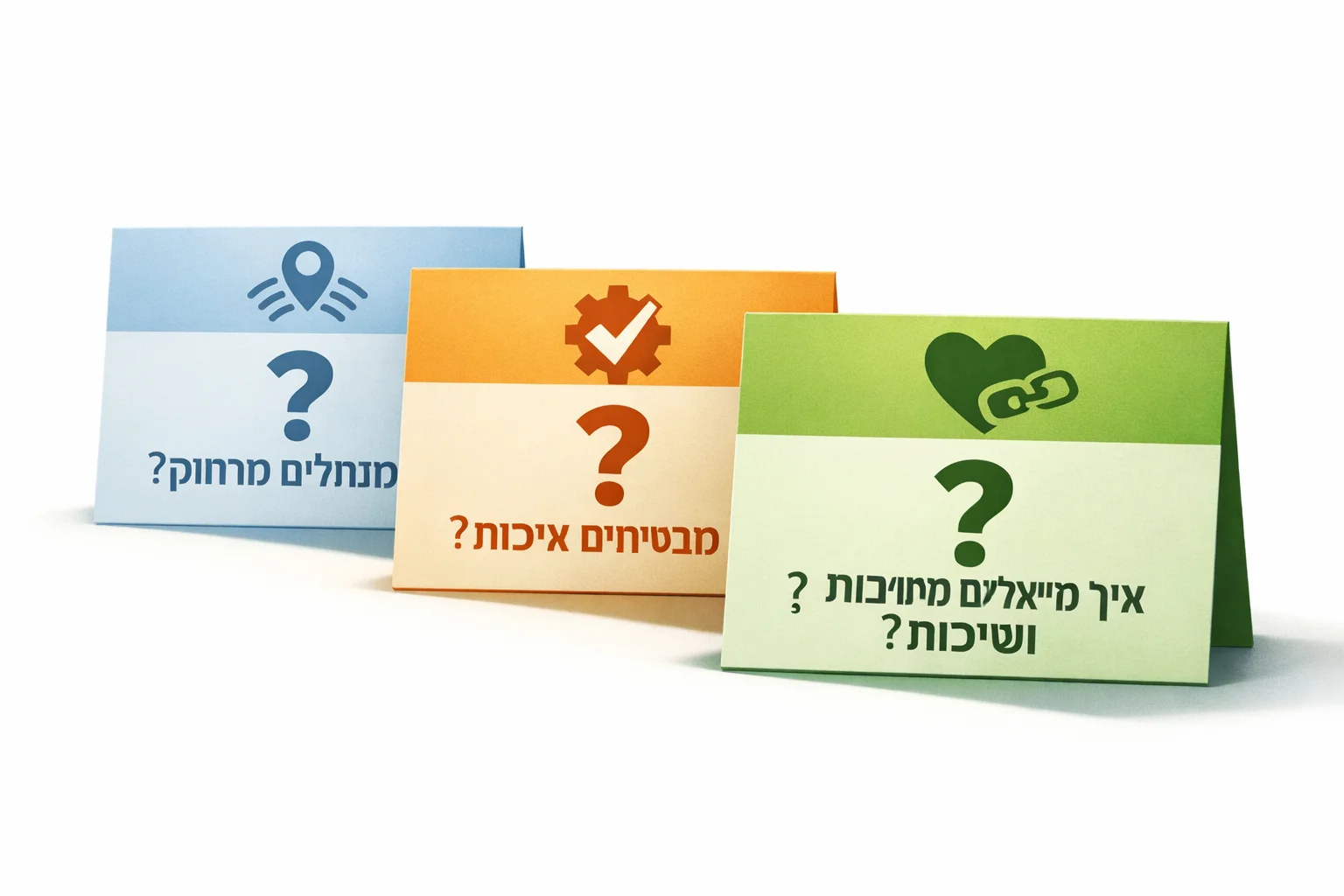 איור להמחשה: איור מערכתי שטוח של שלוש כרטיסיות שאלות: ניהול מרחוק, איכות, ומחויבות ושייכות. סימני שאלה ולא סימני אישור; ללא מסך מוצר מומצא או מדדי הצלחה.