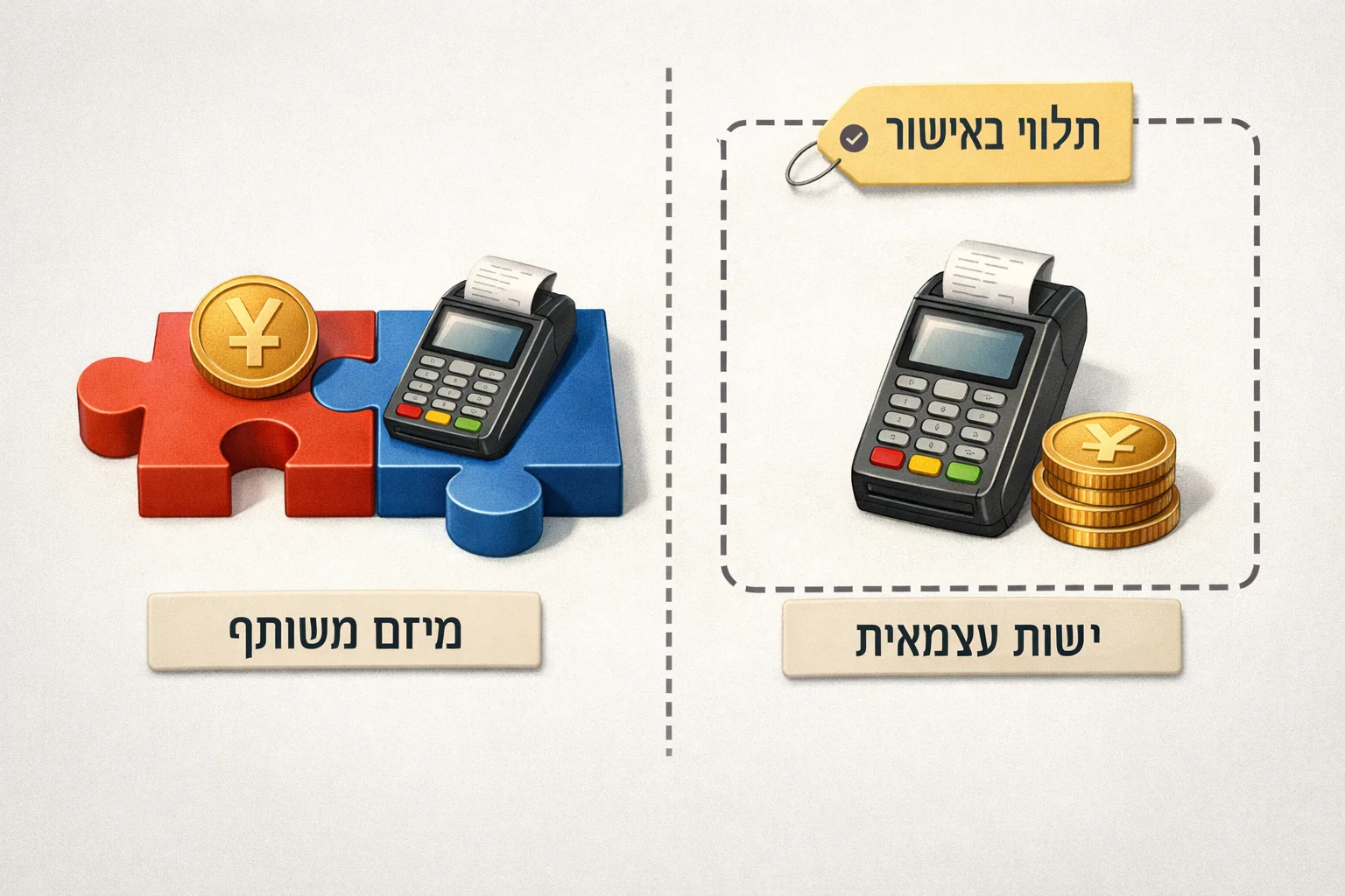 איור להמחשה: תרשים מאויר לא־תיעודי בשני לוחות: פעילות תשלומי יואן במיזם משותף, ולצדה מסגרת נפרדת של פעילות עצמאית אפשרית המסומנת כתלויה באישור. ללא לוגו משוחזר או כרטיס תשלום ממותג.