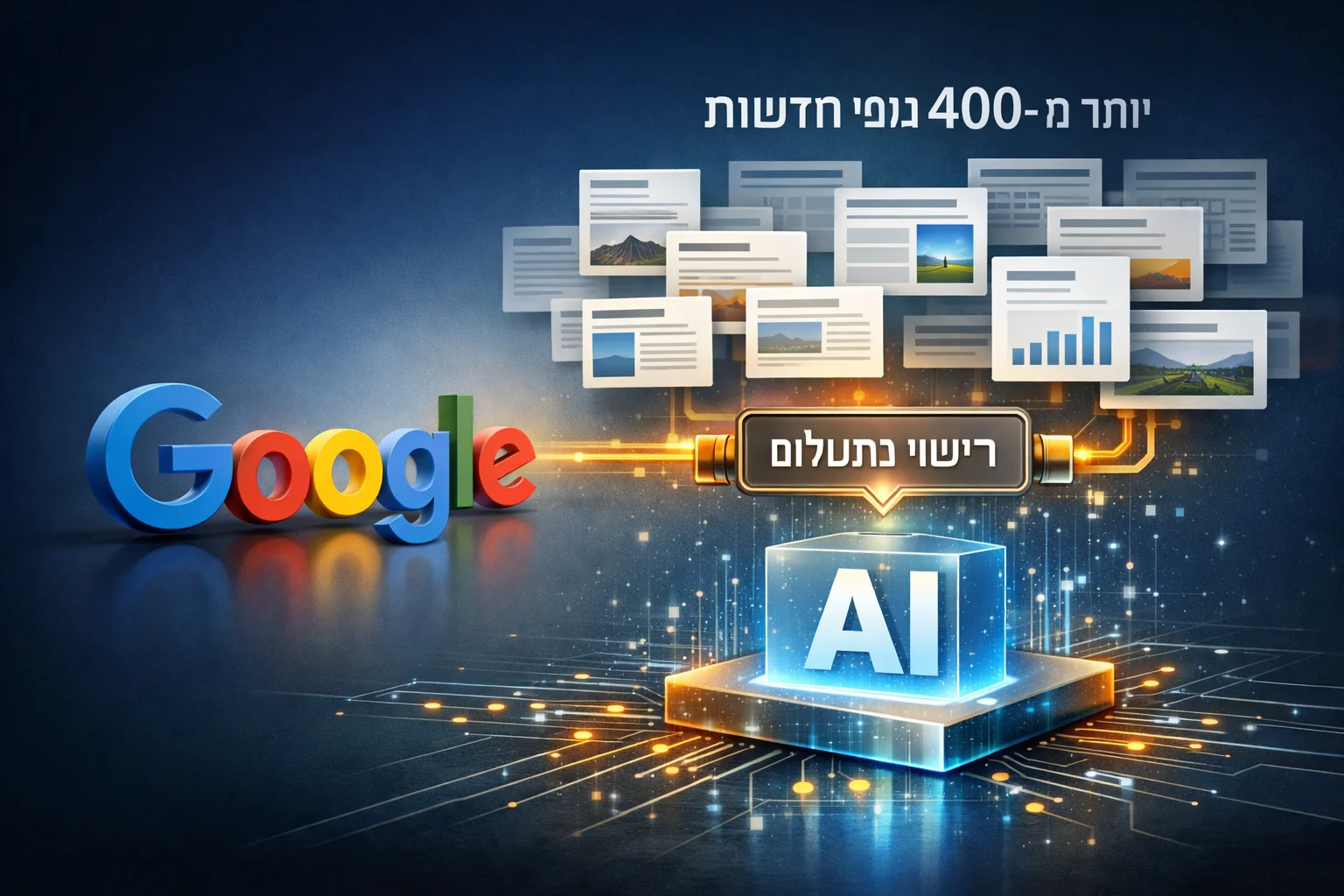 איור להמחשה: איור מערכתי לא־תיעודי: הלוגו האותנטי של גוגל לצד רשת כרטיסי תוכן חדשותי מופשטים והכיתוב ״יותר מ־400 גופי חדשות״. חיבור גרפי מסומן ״רישוי בתשלום״ בין הכרטיסים לשכבת תכונות AI. ללא אנשים, שטרות, סכומים או סמלי חברות נוספים.