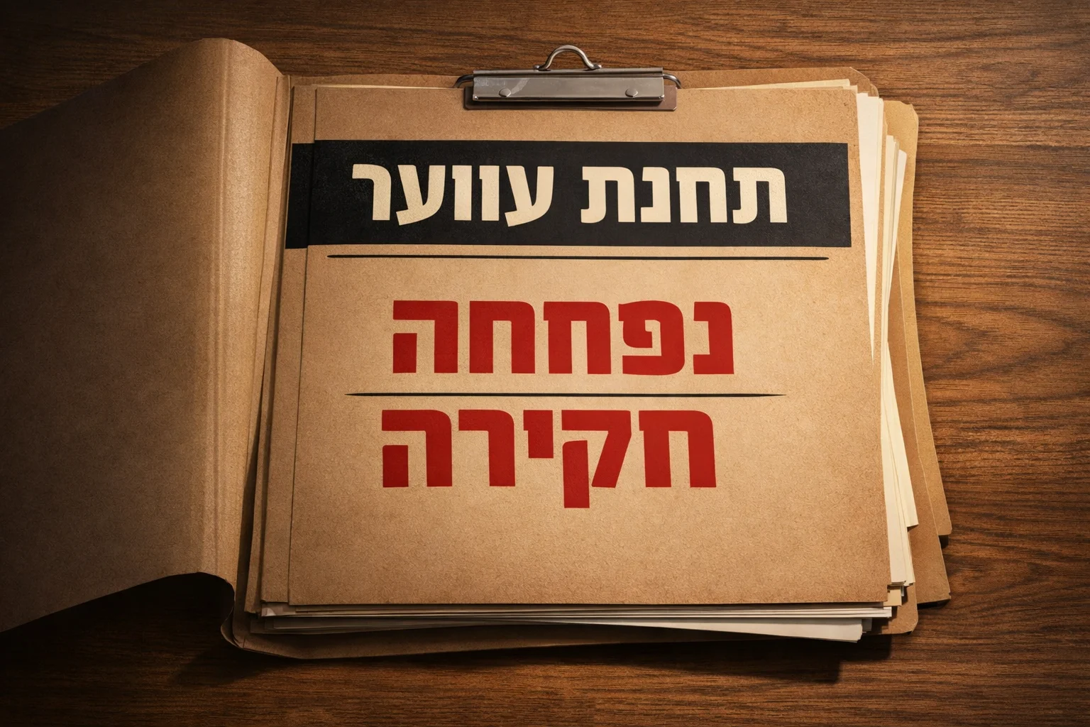 איור להמחשה: איור טיפוגרפי של תיק חקירה פתוח שעליו המילים ״תחנת ערוער — נפתחה חקירה״, ללא סמל משטרתי, מסמכים מדומים או פרטי ראיות.
