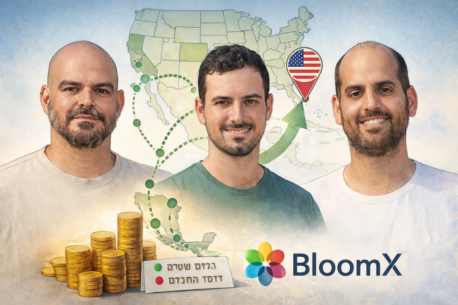איור להמחשה: תאי שדה, אבי קרן, עידו סנש — איור מערכתי לא־תיעודי: דיוקנאות נפרדים ומזוהים של תאי שדה, אבי קרן ועידו סנש, לצד תרשים התרחבות מהשווקים הקיימים לארה״ב. שילוב הלוגו האותנטי כנכס נפרד, ללא שינוי פרופורציות.