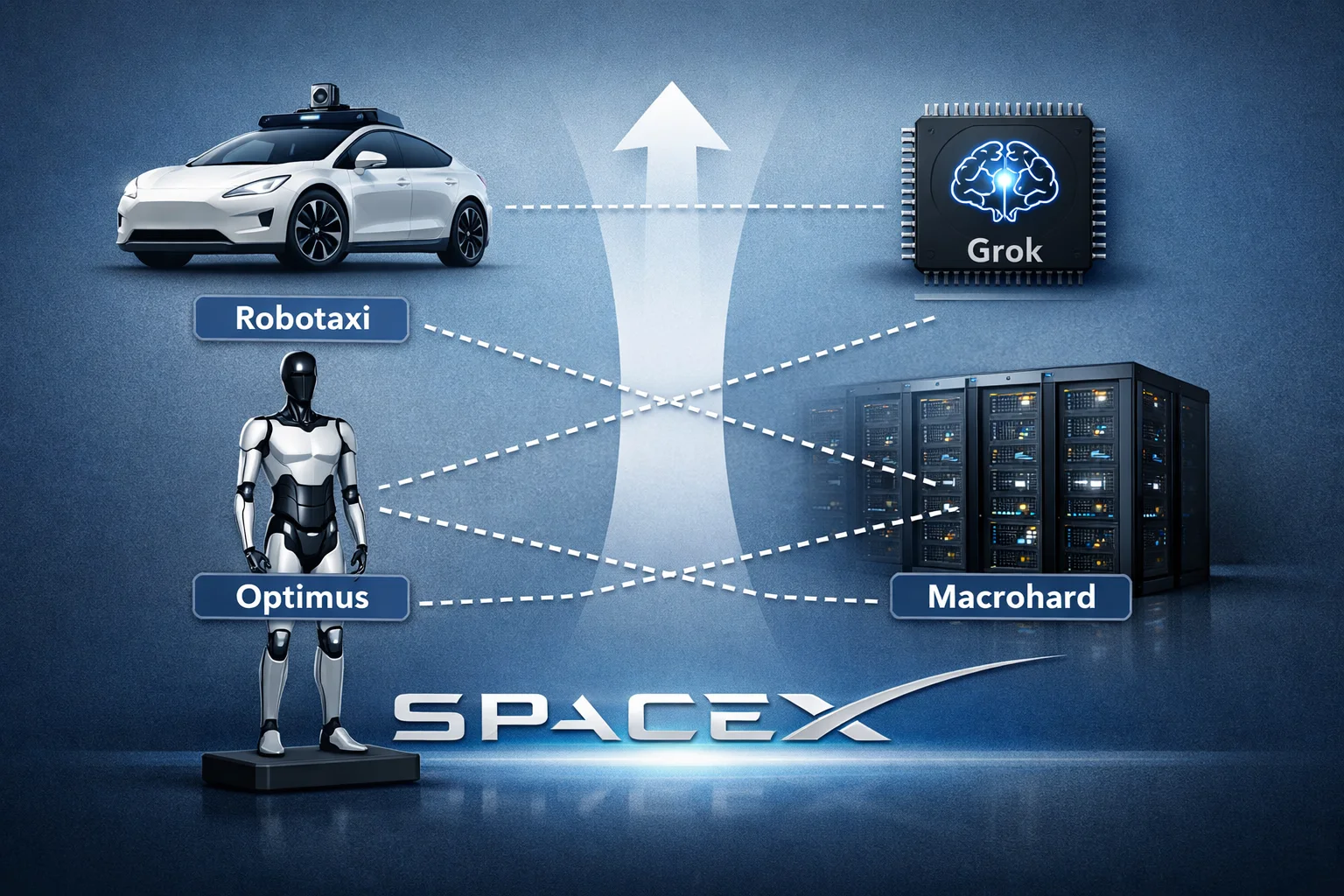איור להמחשה: תרשים מושגי מאויר, לא צילום: Robotaxi ו־Optimus בצד אחד, Grok ו־Macrohard בצד האחר, וקווים מקווקווים המסומנים כהערכת ברקליס לשילוב אפשרי. לוגו SpaceX האותנטי יוטמע כנכס נפרד מהמקור המאושר.
