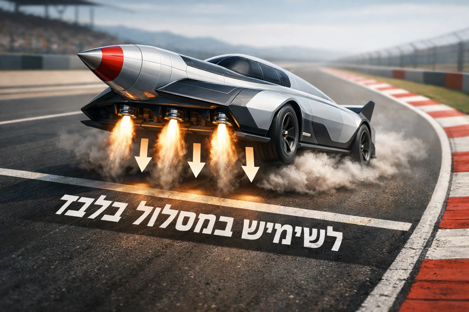 איור להמחשה: איור הסברי מופשט של ROCKET מעל קו מסלול, עם חצים מתחת למרכב המסמנים פליטת גז. לא להציג טיסה בגובה, מנגנון הנדסי מפורט או צילום מבחן מדומה.