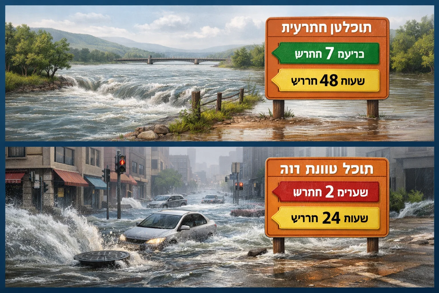 איור להמחשה: איור דו־חלקי מסוג אינפוגרפיקה: נהר העולה על גדותיו לצד רחוב עירוני מוצף, עם תוויות טווחי התרעה נפרדות. ללא מפה גאוגרפית או תחזית אמת.