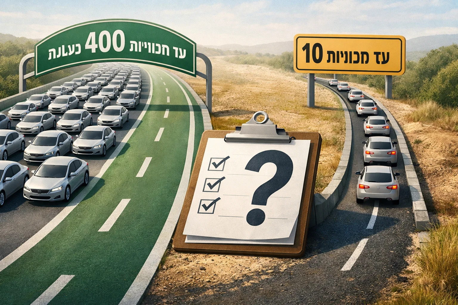 איור להמחשה: איור מערכתי סכמטי של שני נתיבי יבוא: נתיב המסומן עד 400 מכוניות בשנה מכל דגם, ולצדו נתיב צר המסומן עשר יחידות בשנה לפי דרישות 2027. מכוניות גנריות ללא סימני מותג ומסמך מופשט עם סימן שאלה הממחיש שהנושא בבחינה.