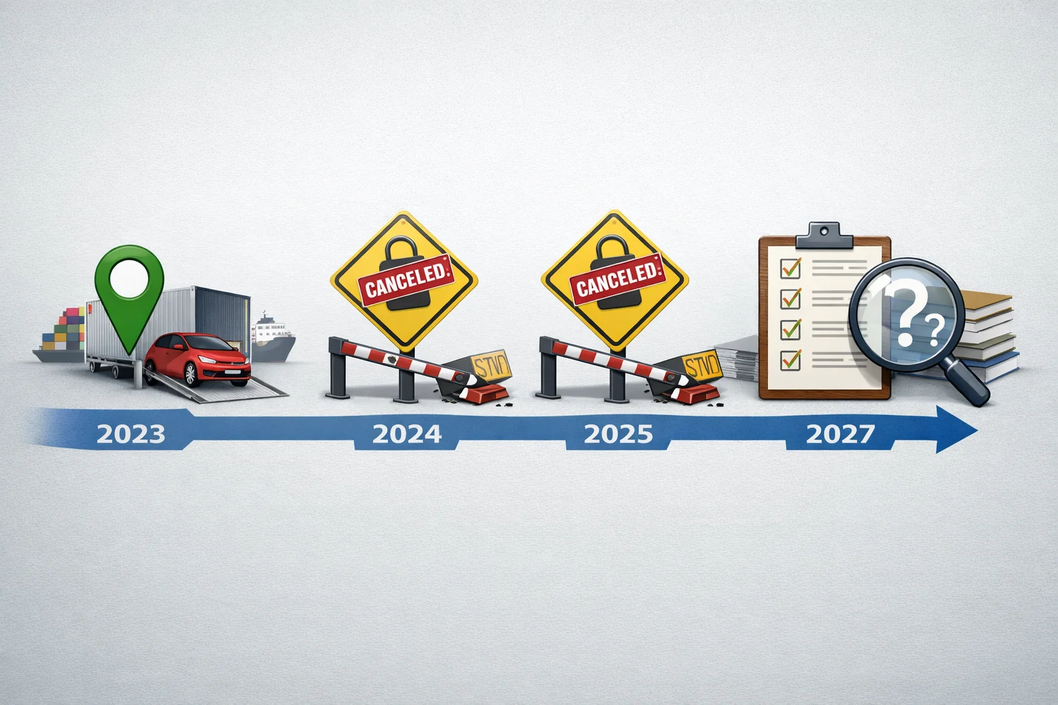 איור להמחשה: ציר זמן מאויר עם התחנות 2023, 2024, 2025 ו־2027: תחילת יבוא בפועל, שני ניסיונות הפסקה שבוטלו, ודרישות היבוא שבבחינה.