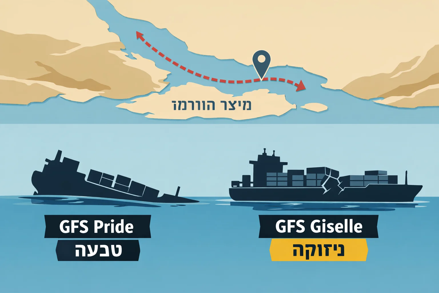 איור להמחשה: איור מערכתי שטוח ולא פוטוריאליסטי: שתי צלליות סכמטיות של אוניות מכולות לצד שמותיהן, GFS Pride ו־GFS Giselle, עם תוויות נפרדות 'טבעה' ו'ניזוקה'. ברקע תרשים מושגי של מעבר ימי המסומן הורמוז. אין לשחזר את מראה האוניות, פיצוץ או רגע