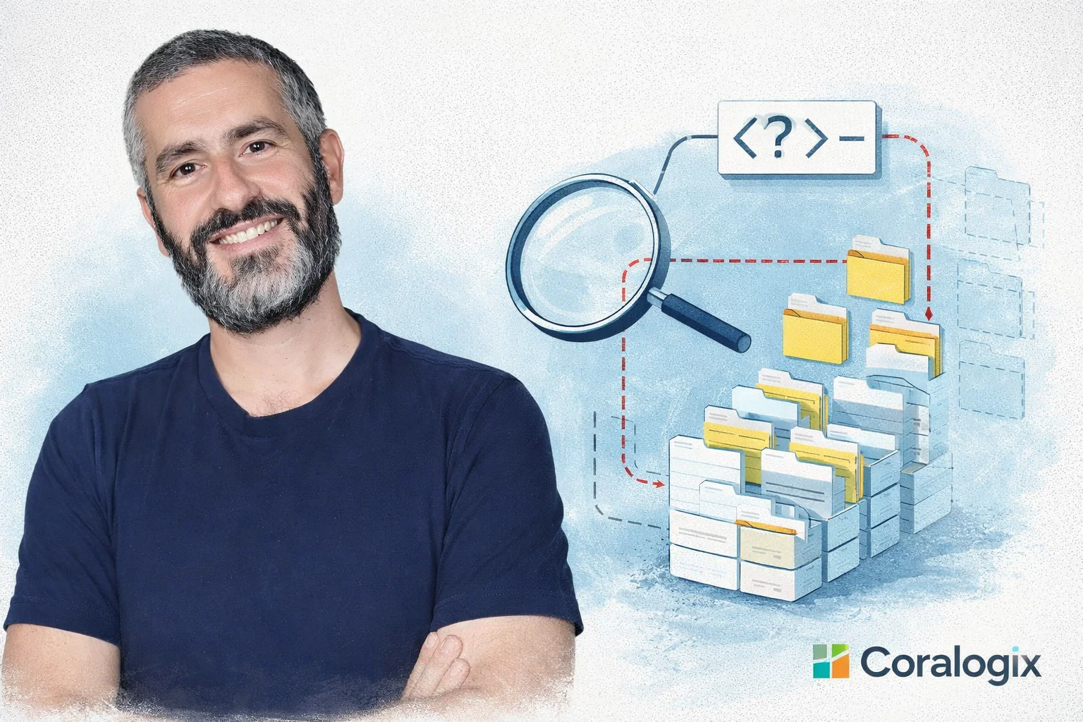 איור להמחשה: אריאל אסרף — איור מערכתי לא־תיעודי: דיוקן מזוהה של אריאל אסרף לפי צילום הייחוס, לצד תרשים מופשט של שאילתה המגיעה לרשומות שחלקן חסרות. לשלב בנפרד את הלוגו האותנטי של קורלוג'יקס, בפרופורציות המקוריות.