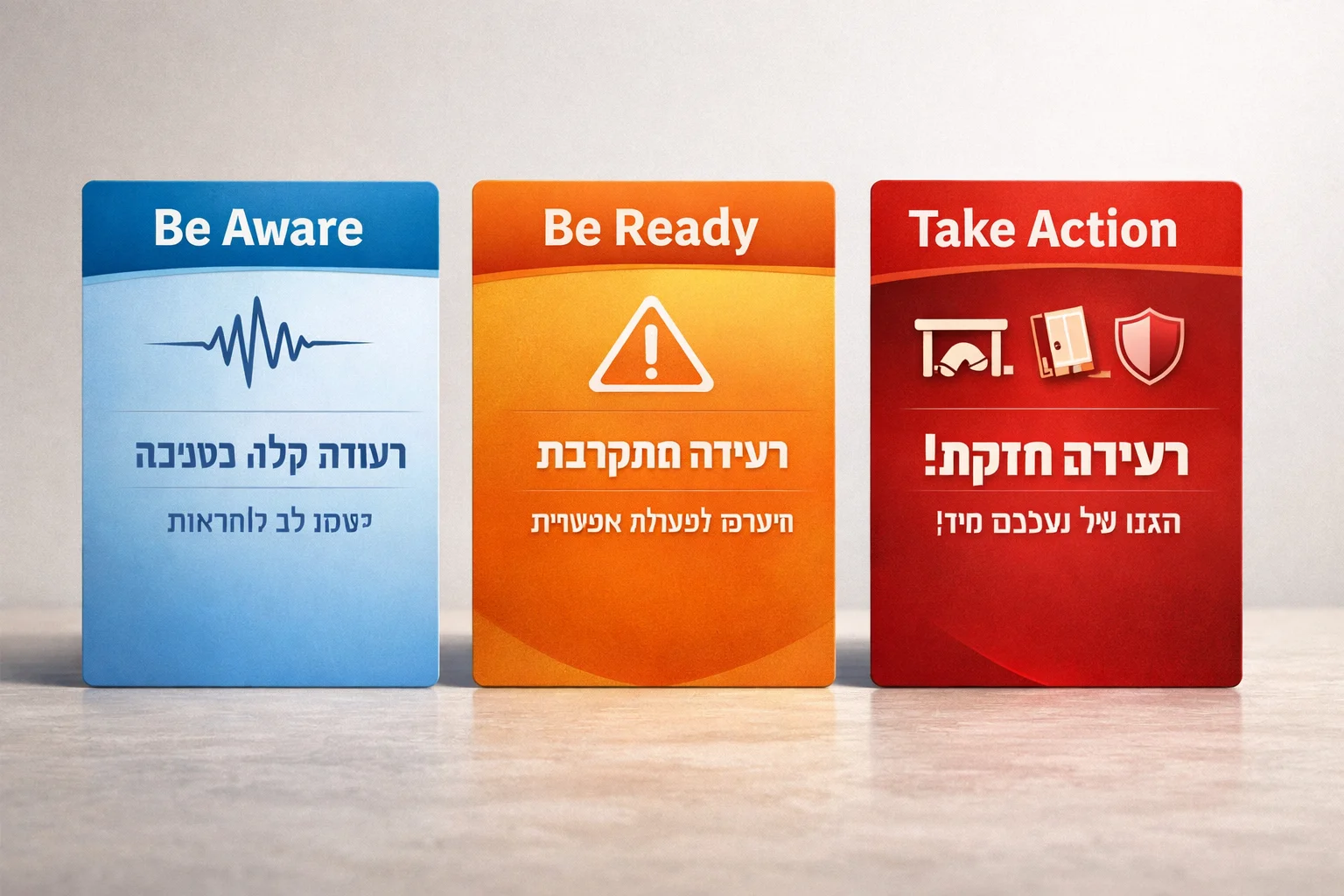 איור להמחשה: איור אינפוגרפי של שלושה כרטיסי התרעה נפרדים עם שמותיהם, בעיצוב מערכתי שאינו צילום מסך של המוצר.