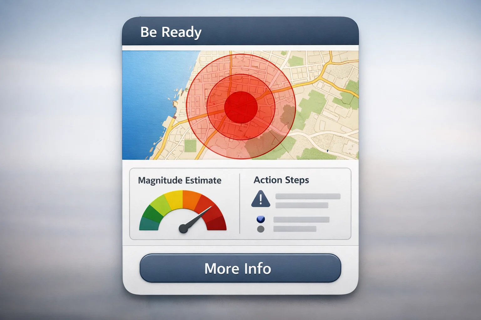 איור להמחשה: איור סכמטי של כרטיס Be Ready עתידי עם אזור מפה ורדיוס, שדה אומדן מגניטודה ללא ערך מספרי, אזור הנחיה וכפתור מידע נוסף.