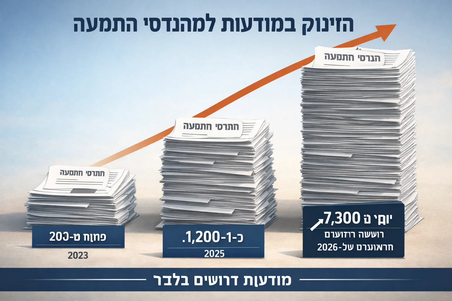 איור להמחשה: איור אינפוגרפי לא־תיעודי של מודעות דרושים, בשלוש קבוצות לפי השנים שבמקור; להבדיל חזותית בין מודעות לבין גיוסים, בלי דמויות או לוגואים של מעסיקים.