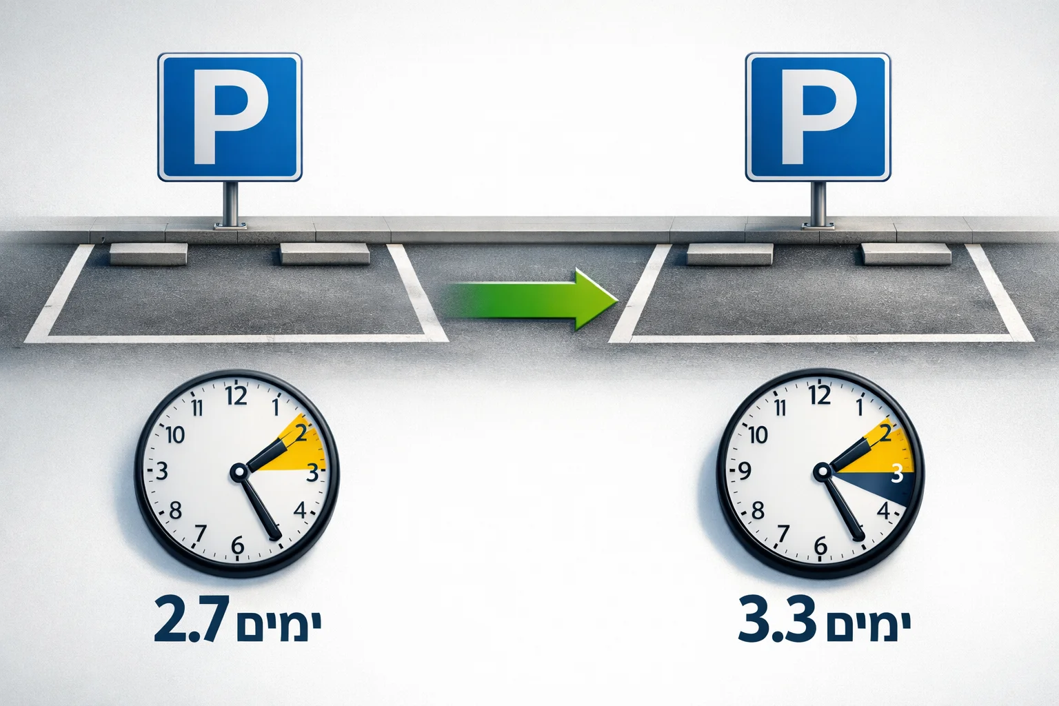איור להמחשה: איור אינפוגרפי של מקום חניה סמלי ולצדו שני פרקי זמן, 2.7 ימים ו-3.3 ימים, עם חץ המציין התארכות ולא תוספת מקומות חניה.