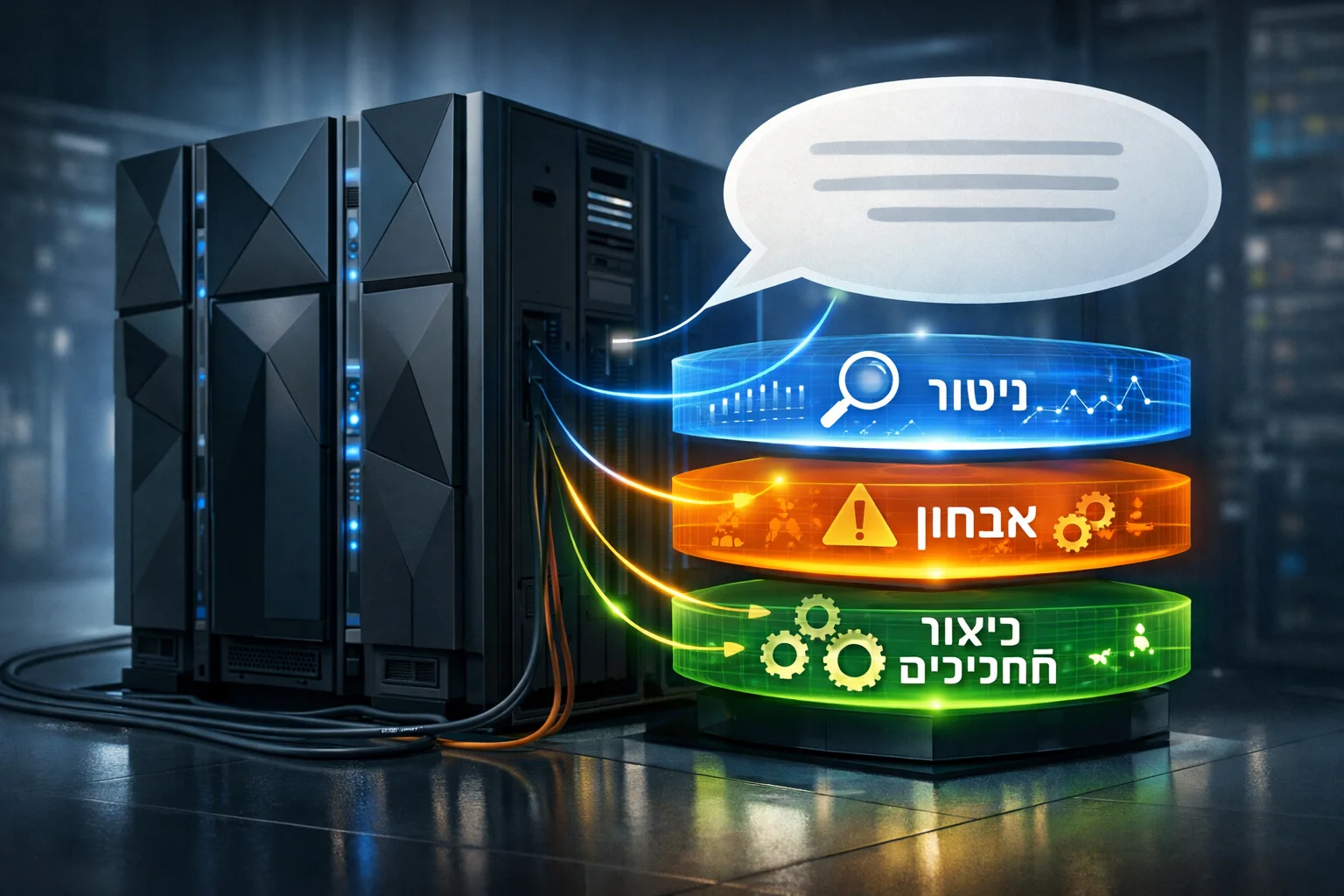 איור להמחשה: איור סכמטי צבעוני של מערכת מיינפריים ושלוש שכבות פעילות מסומנות: ניטור, אבחון וביצוע תהליכים. בועת שפה טבעית מחוברת לשכבות, ללא המצאת מסך מוצר או פקודה ממשית.