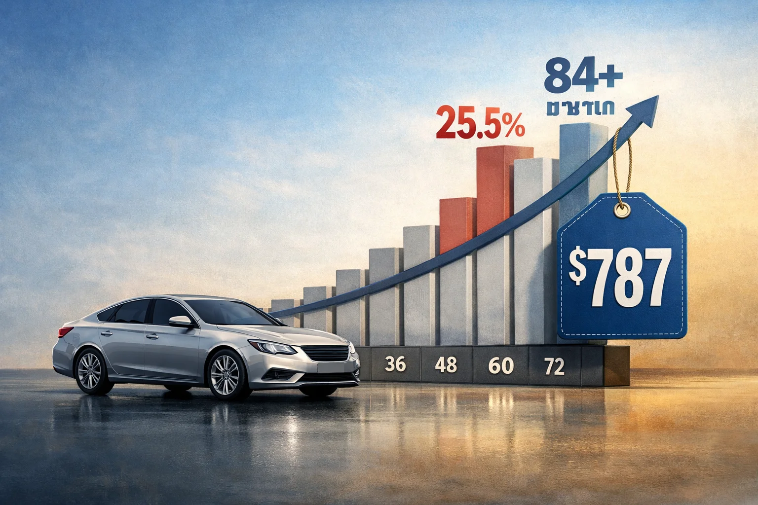 איור להמחשה: איור נתונים מערכתי לא־תיעודי: מכונית גנרית ללא סימני מותג, לצד ציר תקופת מימון המסומן 84 חודשים לפחות ונתון התשלום החודשי $787. ללא דיוקנאות: נושא הכתבה הוא דוח מימון ענפי, ולא האנליסט המצוטט בו.