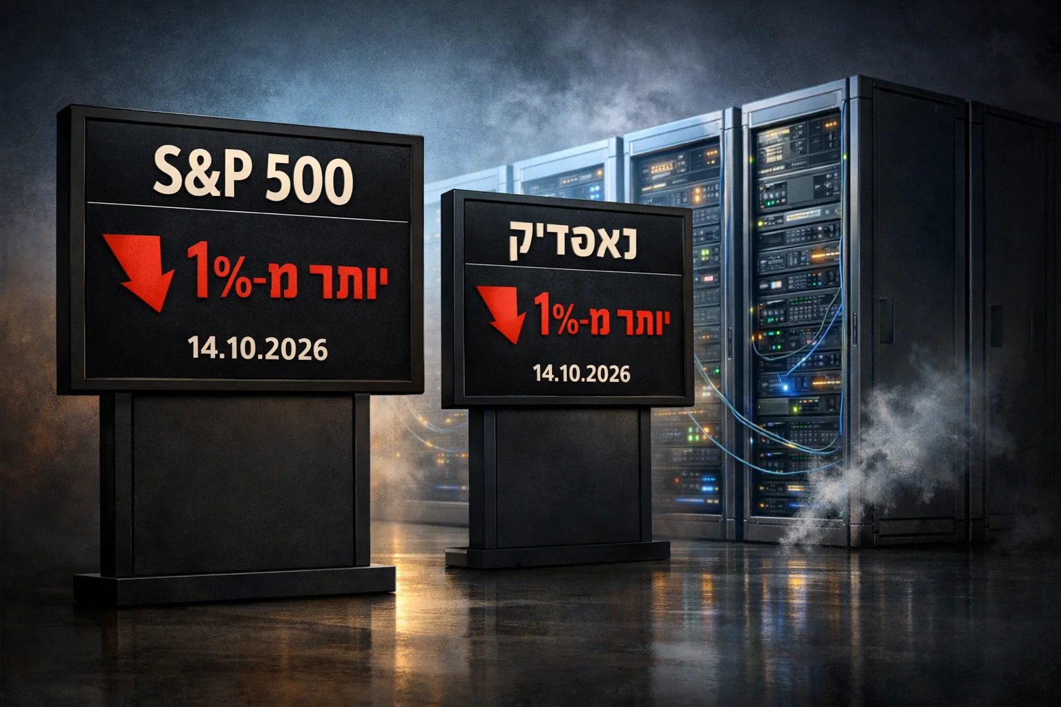 איור להמחשה: איור מערכתי לא־תיעודי של שני לוחות מדדים, S&P 500 ונאסד״ק, עם הכיתוב ״יותר מ־1%− | 14.10.2026״, לצד ארונות שרתים מסוגננים. ללא אנשים, ללא מסך מסחר מומצא וללא לוגואים של חברות.