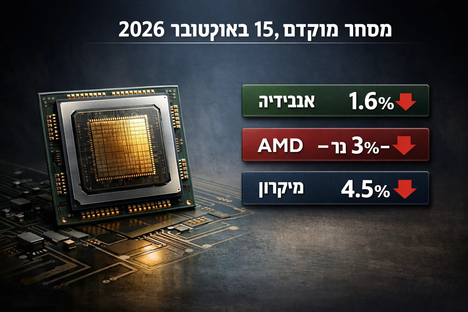 איור להמחשה: איור גרפי של שבב ולצדו שלוש תוויות טקסט: אנבידיה 1.6%−, AMD יותר מ־3%−, מיקרון 4.5%−. כותרת ברורה: ״מסחר מוקדם, 15 באוקטובר 2026״. ללא לוגואים או גרף מחירים בדוי.