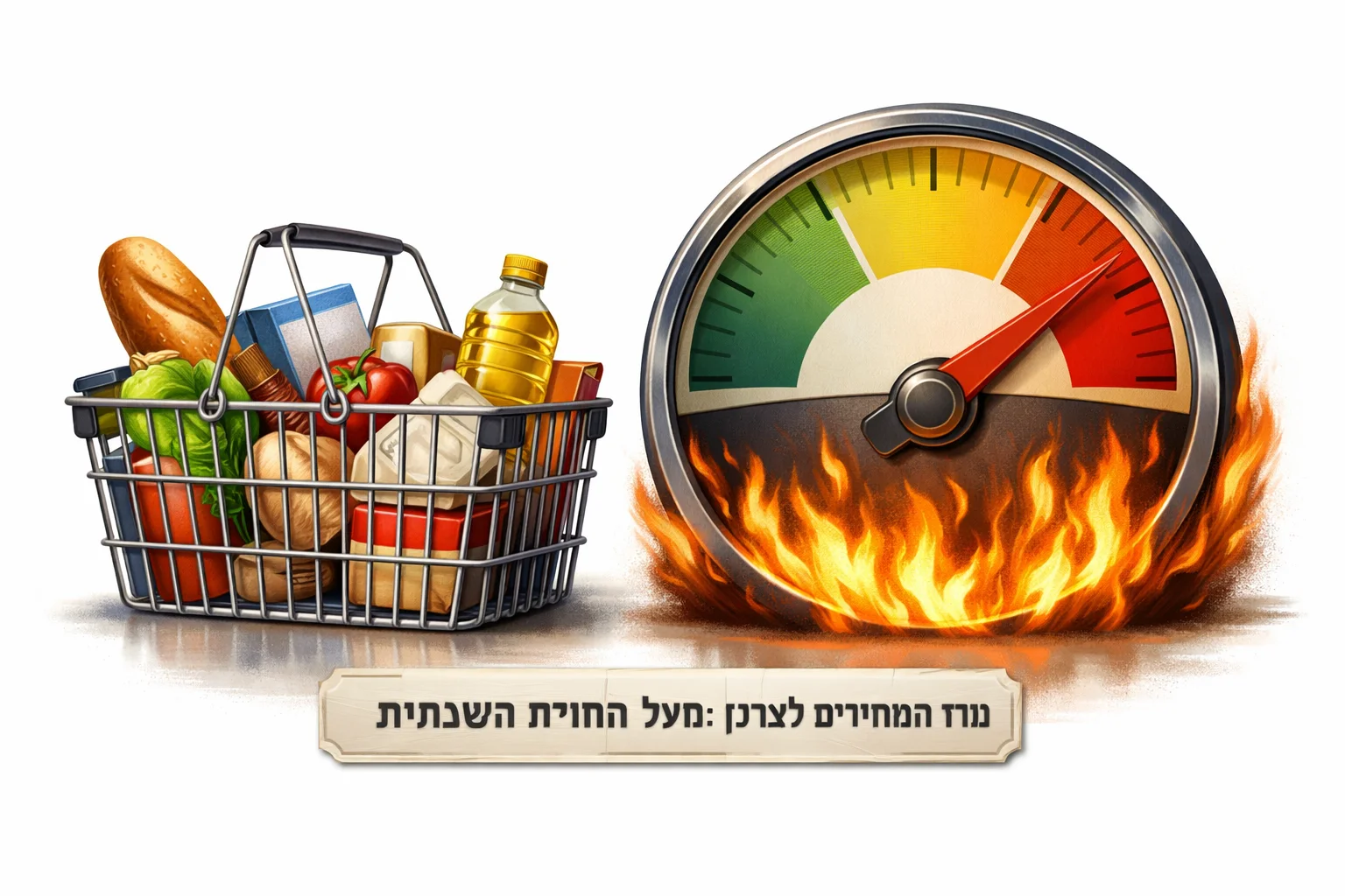 איור להמחשה: איור מושגי של סל קניות לצד מד אנרגיה מסוגנן, עם תווית ״מדד המחירים לצרכן: מעל התחזית השנתית״. ללא מחיר מוצר, שיעור אינפלציה כולל או מותג שלא סופקו.