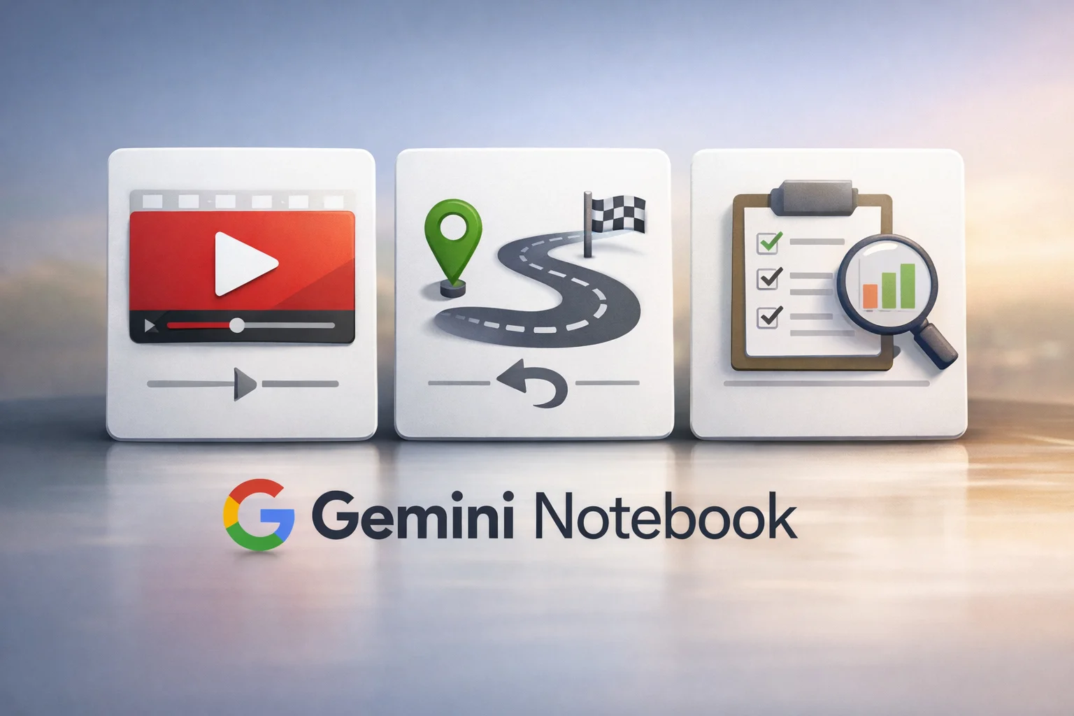 איור להמחשה: איור מערכתי לא־תיעודי של Gemini Notebook: שלושה כרטיסים נפרדים המסמלים סרטון קצר, מסלול חזרה ובחן. שם המוצר בכיתוב, ולוגו גוגל האותנטי כנכס נפרד המשולב ללא שינוי פרופורציות. אין להציג את האיור כצילום מסך של המוצר.