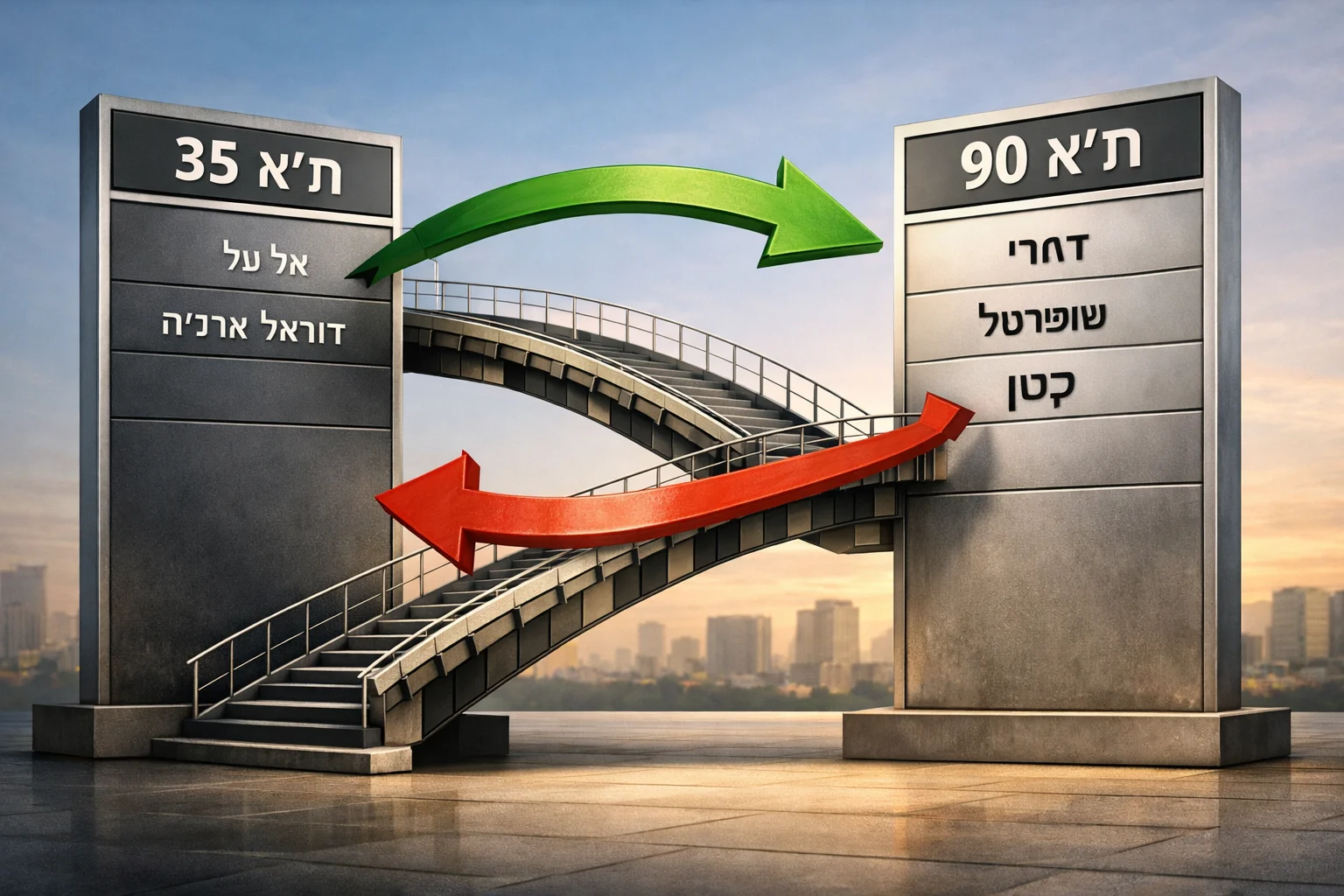 איור להמחשה: איור מערכתי לא־תיעודי של שני לוחות מדדים: אל על ודוראל בחצים אל ת״א 35, ודמרי, שופרסל וקנון בחצים אל ת״א 90. שמות בטיפוגרפיה רגילה, ללא לוגואים או דיוקנאות.