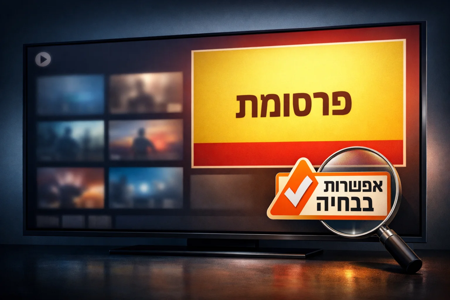 איור להמחשה: איור גרפי של מסך סטרימינג מופשט עם אזור פרסום וסימון בולט ״אפשרות בבחינה״. ללא ממשק מוצר מומצא המוצג כאמיתי וללא נתוני קהל.