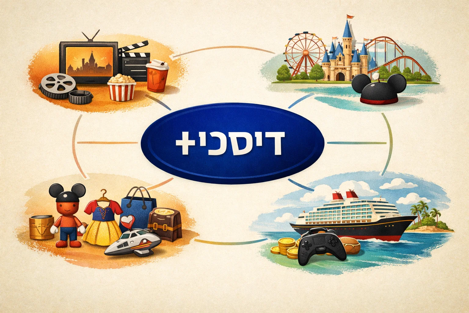 איור להמחשה: מפת קשרים מאוירת בין תוכן טלוויזיה וקולנוע, מוצרי צריכה, פארקים, הפלגות ומשחקים. במרכז תווית טקסט דיסני+, ללא עיצוב ממשק מסחרי או כפתורי רכישה בדויים.