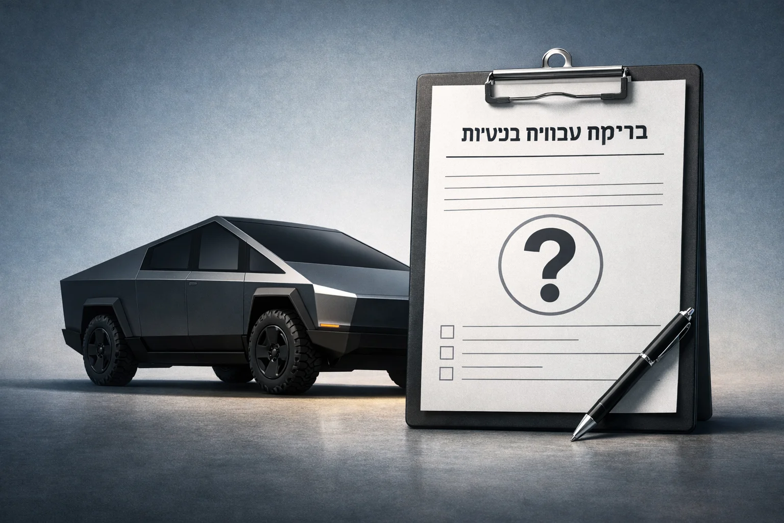 איור להמחשה: איור אינפוגרפי של צללית סכמטית של סייברקאב לצד מסמך שכותרתו בדיקת עמידה בתקני בטיחות, עם סימן שאלה ולא חותמת אישור או פסילה.