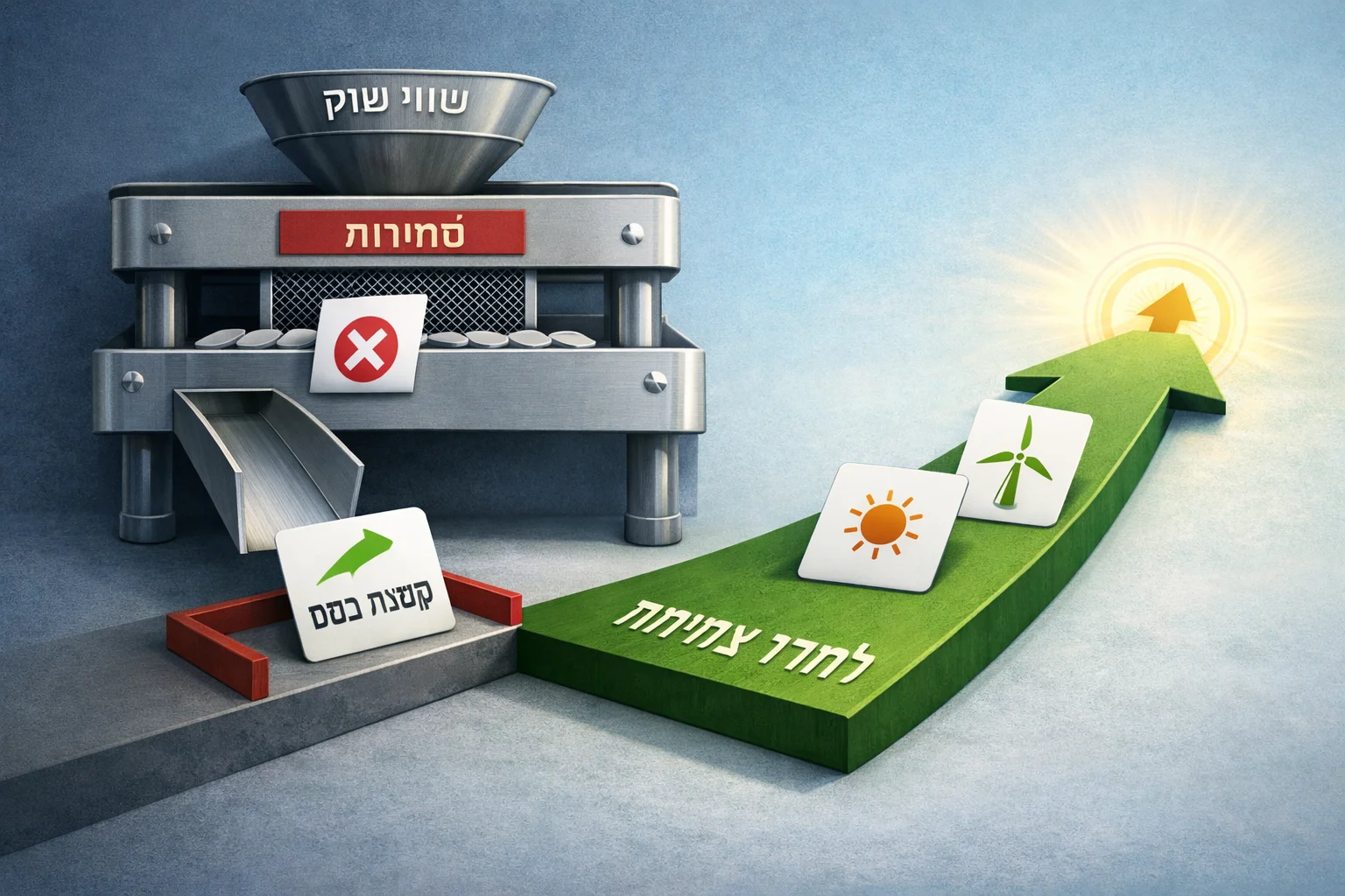 איור להמחשה: איור סכמטי של מסנן כניסה למדד ובו שני תנאים נפרדים: שווי שוק וסחירות. כרטיסי קבוצת בסט ורפק אנרגיה מופנים למסלול מדד צמיחה, ללא סמלי חברות.