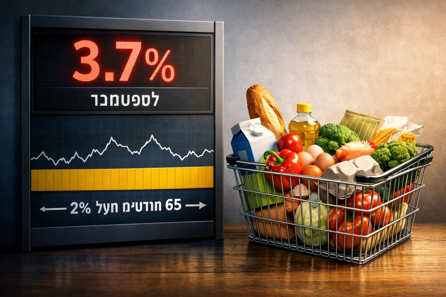 איור להמחשה: איור מערכתי לא־תיעודי של סל קניות לצד לוח נתונים המציג 3.7% לספטמבר ורצועה נפרדת המסומנת כ־65 חודשים מעל 2%. ללא אנשים, מותגים או מחירים מומצאים.
