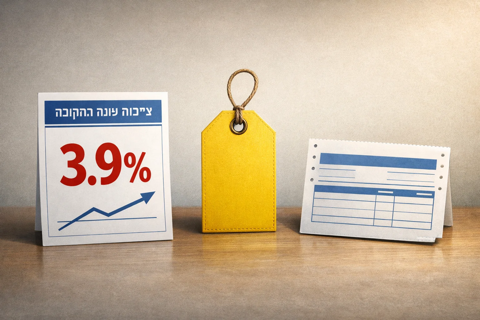 איור להמחשה: איור אינפוגרפי של כרטיס סקר שעליו 3.9%, עם הכיתוב ציפיות לשנה הקרובה, לצד סמלים נפרדים של תג מחיר ותלוש שכר ללא סכומים.