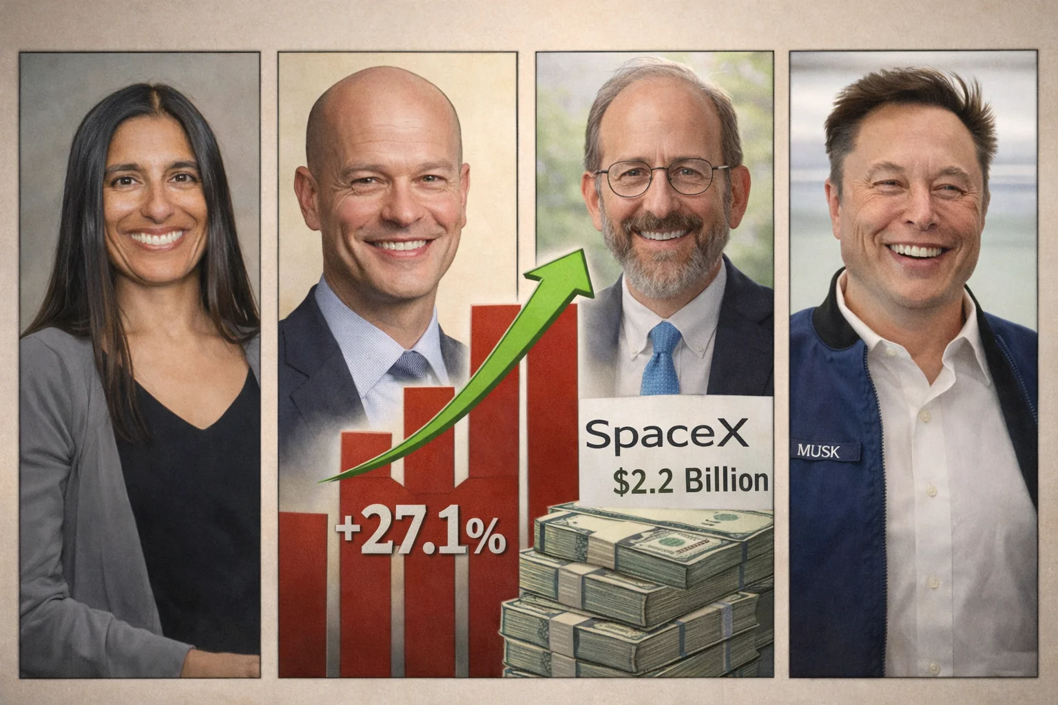 איור להמחשה: ריטו קלרה, טימותי ברקט, אלן גרבר, אילון מאסק — איור מערכתי לא־תיעודי: דיוקנאות נפרדים ומזוהים של ריטו קלרה, טימותי ברקט, אלן גרבר ואילון מאסק, לצד המחשה טיפוגרפית של תשואת הקרן 27.1% ושל החזקת SpaceX. יצירת הדיוקנאות החסרים חסו