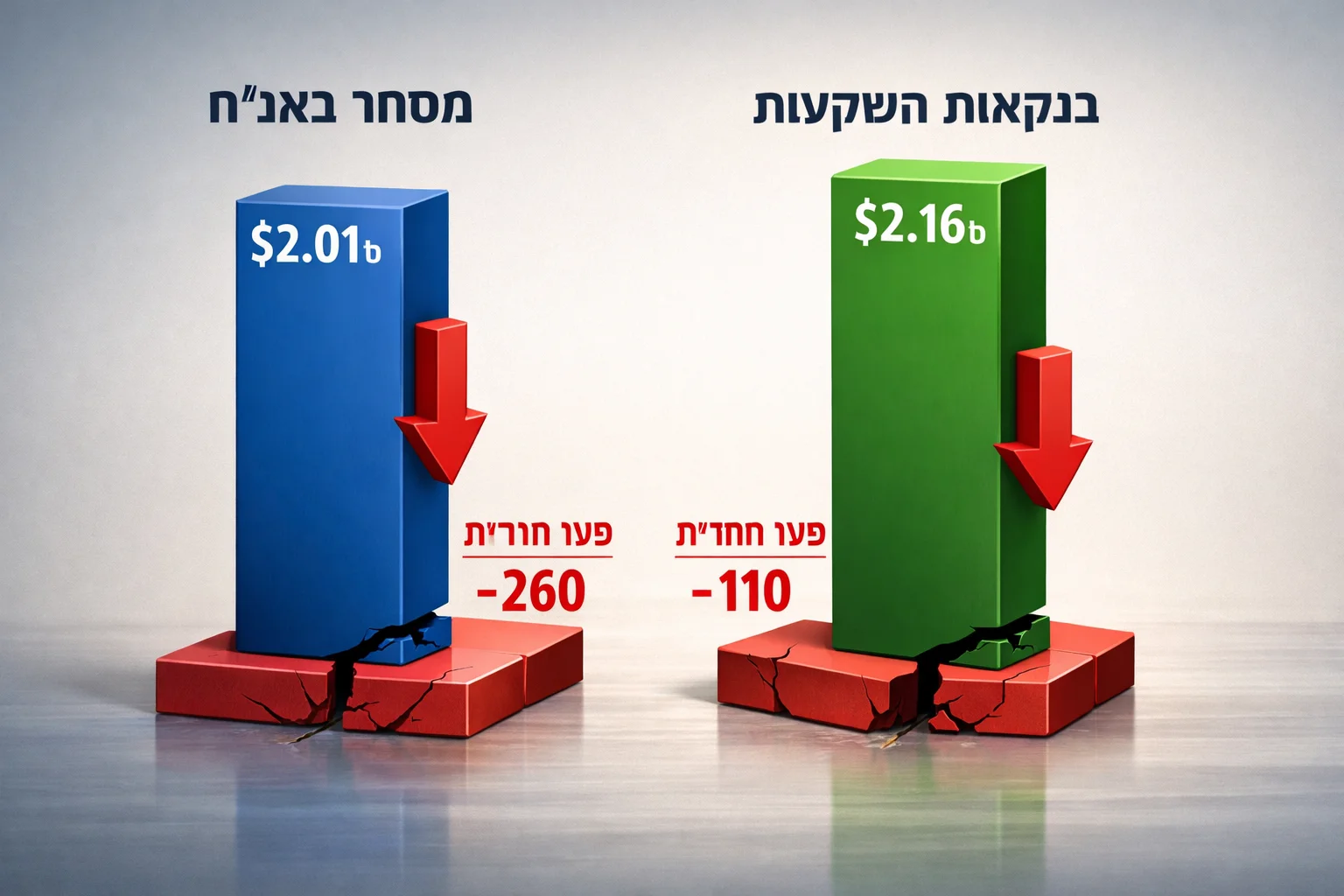 איור להמחשה: איור אינפוגרפי שטוח של שתי עמודות נפרדות: הכנסות מסחר באג״ח בסך $2.01 מיליארד והכנסות בנקאות השקעות בסך $2.16 מיליארד, עם סימון הפערים השליליים מול הצפי.