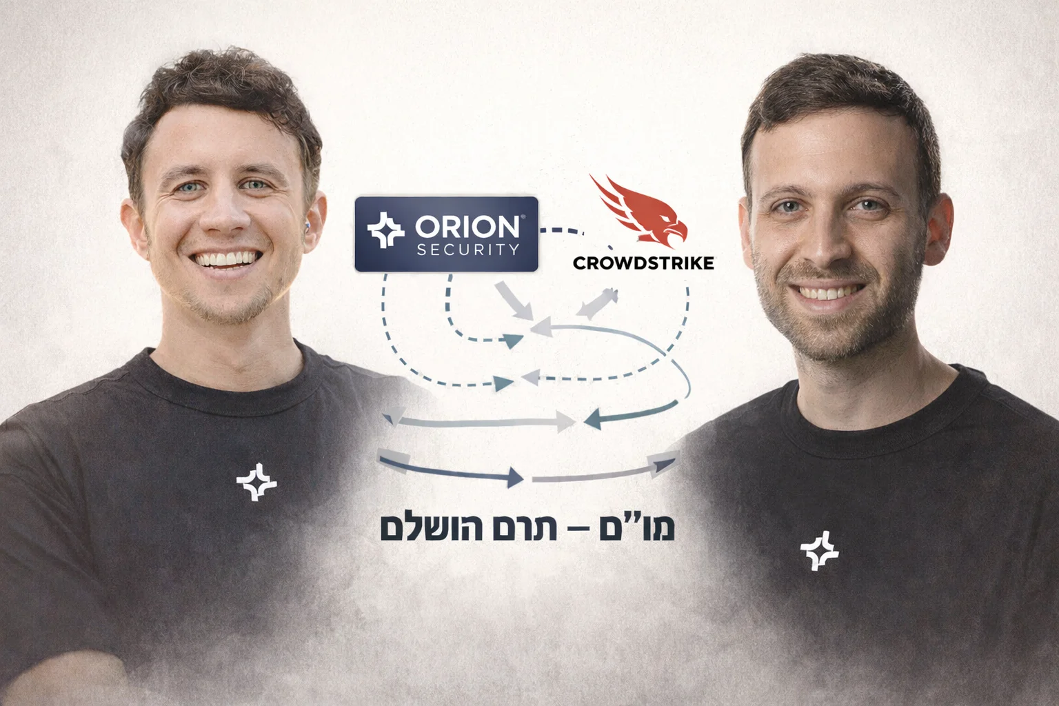 איור להמחשה: ניתאי מילנר, יונתן קריינר — איור מערכתי לא־תיעודי: דיוקנאות מזוהים ונפרדים של ניתאי מילנר ויונתן קריינר, לצד תרשים מגעים פתוח בין Orion Security ל־CrowdStrike וכיתוב ״מו״מ — טרם הושלם״. לשלב את הלוגואים האותנטיים בשמירת פרופורצ