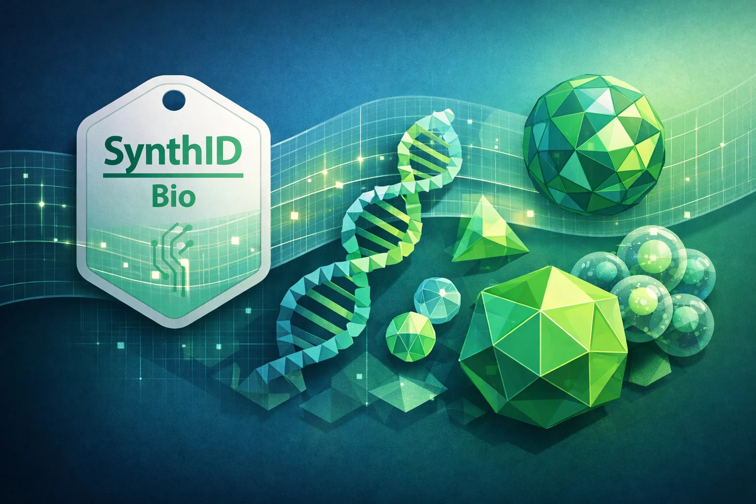 איור להמחשה: איור מופשט של התווית SynthID Bio לצד צורות ביולוגיות גאומטריות ושכבת סימון גרפית. ללא מעבדה מצולמת, רצף גנטי ממשי או הדגמה של מנגנון פעולה.