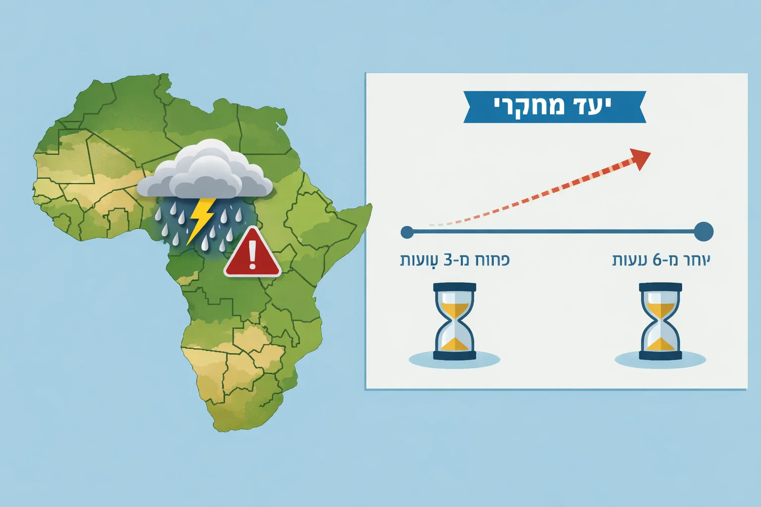 איור להמחשה: איור אינפוגרפי שטוח של מפת אפריקה וסימני מערכת סערה, לצד ציר זמן המציג את יעד הארכת ההתרעה מפחות משלוש שעות ליותר משש. סימון מפורש שמדובר ביעד מחקרי.
