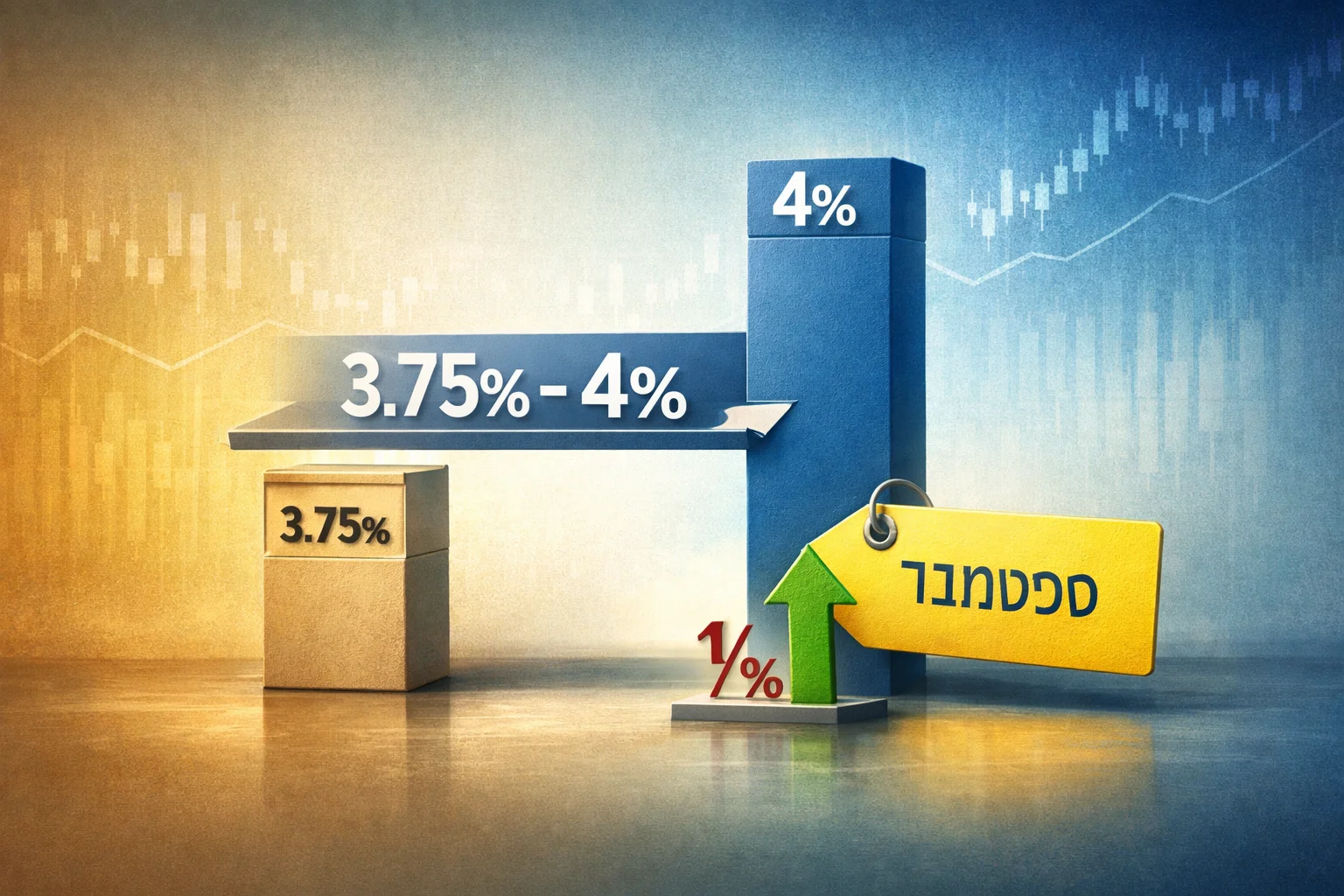 איור להמחשה: איור טיפוגרפי מופשט של טווח ריבית הפד 3.75%-4%, ולצדו תווית ספטמבר וחץ המסומן כהעלאה של רבע נקודת אחוז. ללא בניין, דיוקן או סצנת ישיבה.