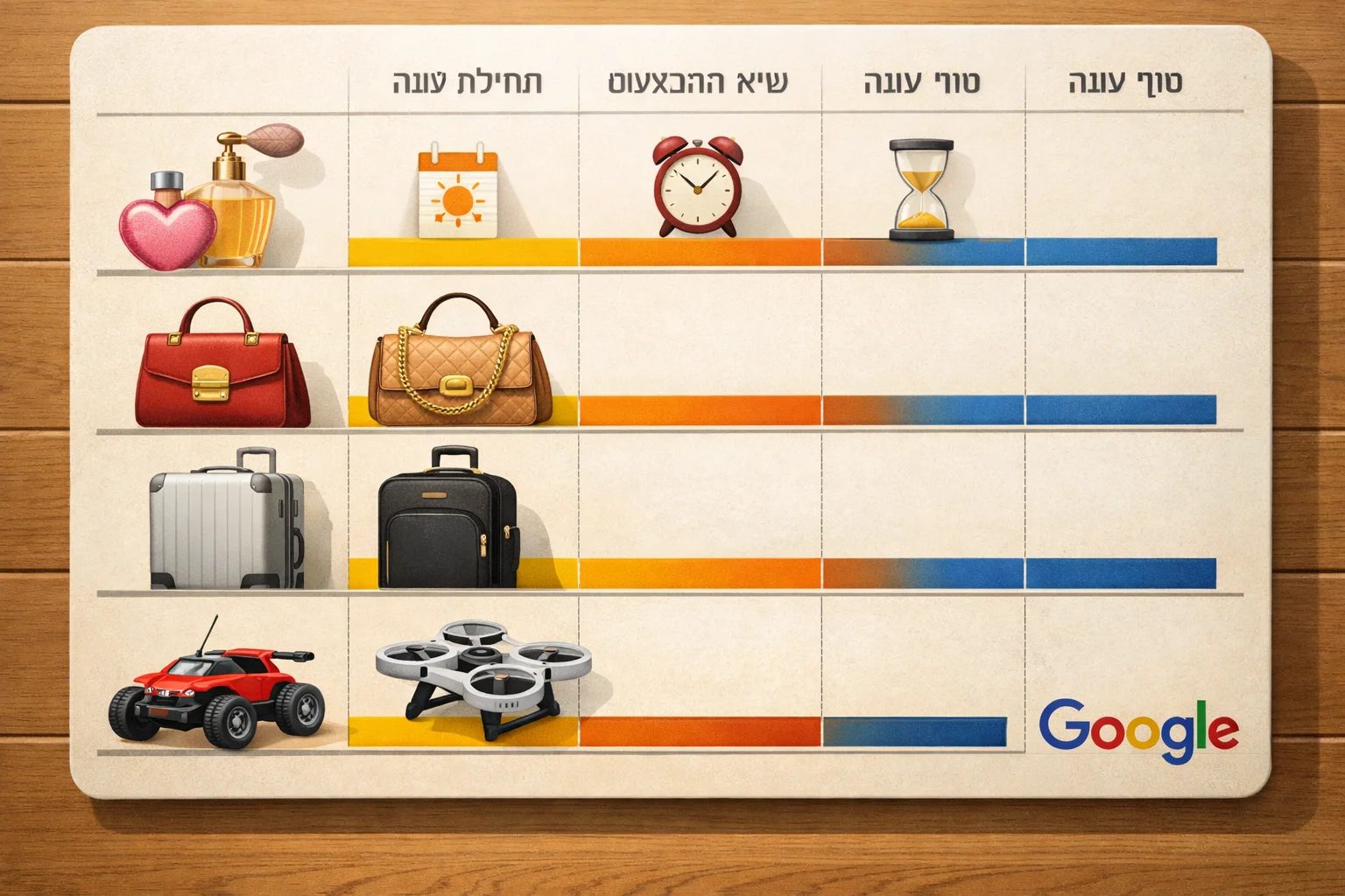 איור להמחשה: איור מערכתי שטוח של לוח קניות המחולק לקטגוריות בשמים, תיקי יד, מזוודות וצעצועים ממונעים. חלונות זמן מובחנים במקום אחוזי הנחה או מחירים מומצאים. שילוב הלוגו האותנטי של Google כנכס נפרד, ללא הדמיה של ממשק מוצר אמיתי.