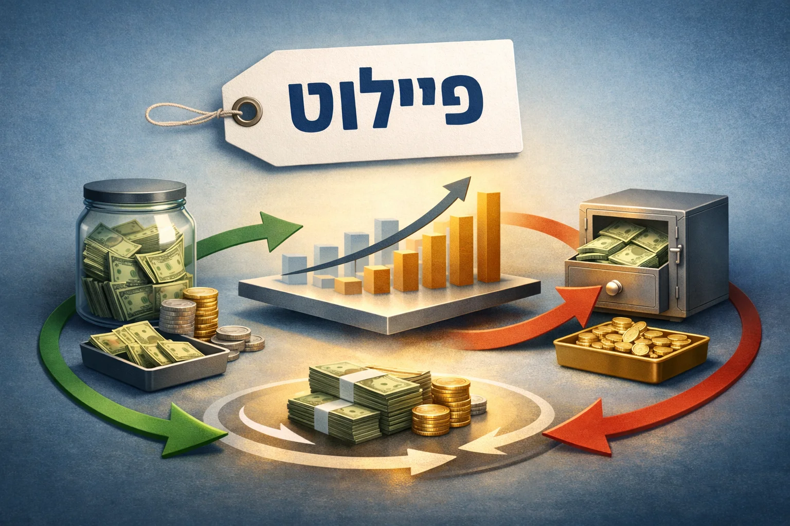איור להמחשה: איור סכמטי של פיילוט Smart Cash: ציר תזרים סמלי וחצים בין מכלי כספים מופשטים, עם תווית ברורה ״פיילוט״. ללא תשואות מספריות וללא הבטחת הצלחה.