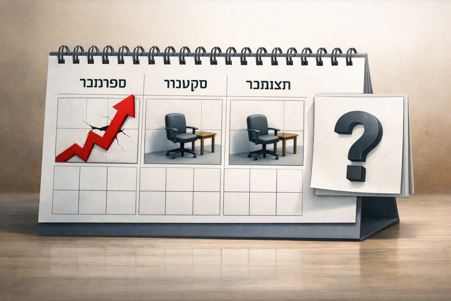 איור להמחשה: איור לוח שנה מופשט: ספטמבר מסומן כהעלאת ריבית, אוקטובר ודצמבר כחלונות ישיבה. סימן שאלה נפרד מייצג את מועד ההעלאה הנוספת שלא הובהר, בלי להצמיד העלאה לישיבה מסוימת.