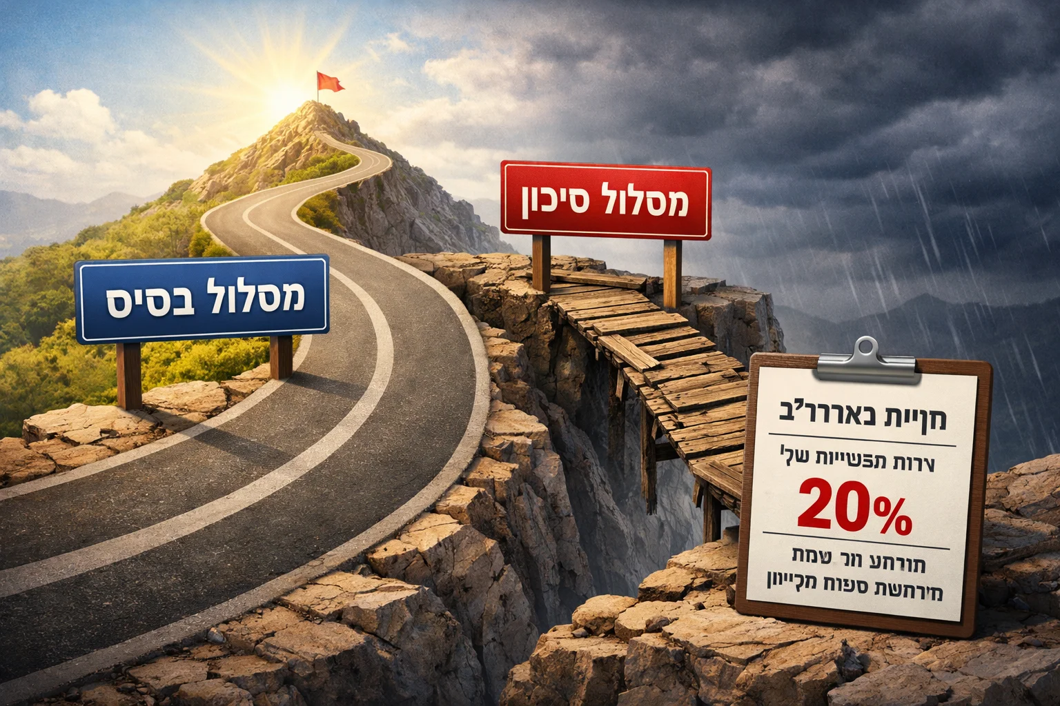 איור להמחשה: איור אינפוגרפי של מסלול בסיס ומסלול סיכון נפרדים, ללא ציר נתונים מומצא. לצד מסלול הסיכון כרטיס עם הכיתוב: מניות בארה״ב — ירידה אפשרית של 20%, בתרחיש אי־התממשות שיפורי הפריון.